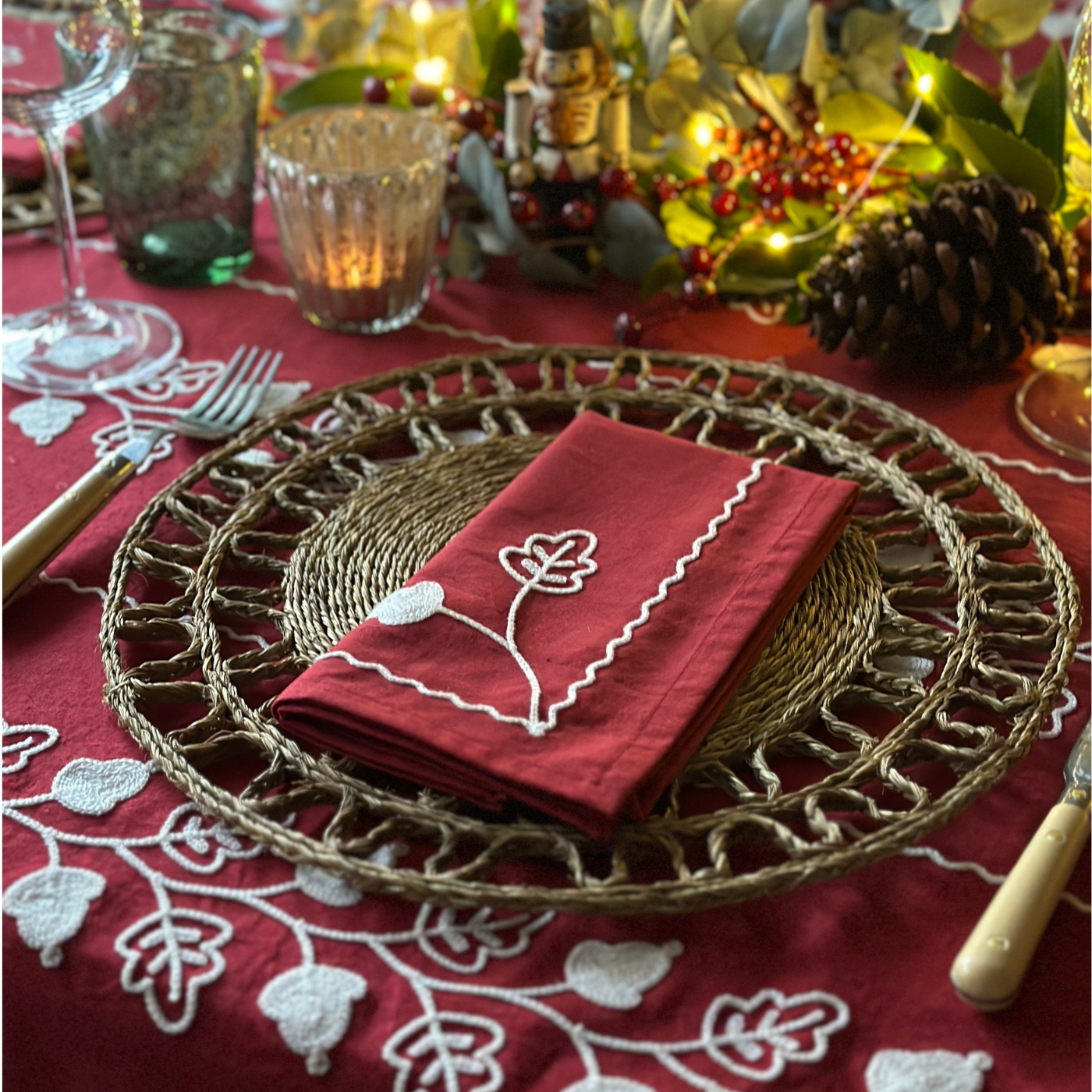 Garden Embroidered Tablecloth - Red