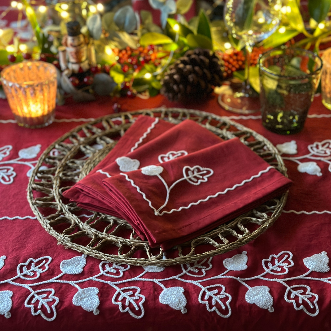 Garden Embroidered Tablecloth - Red