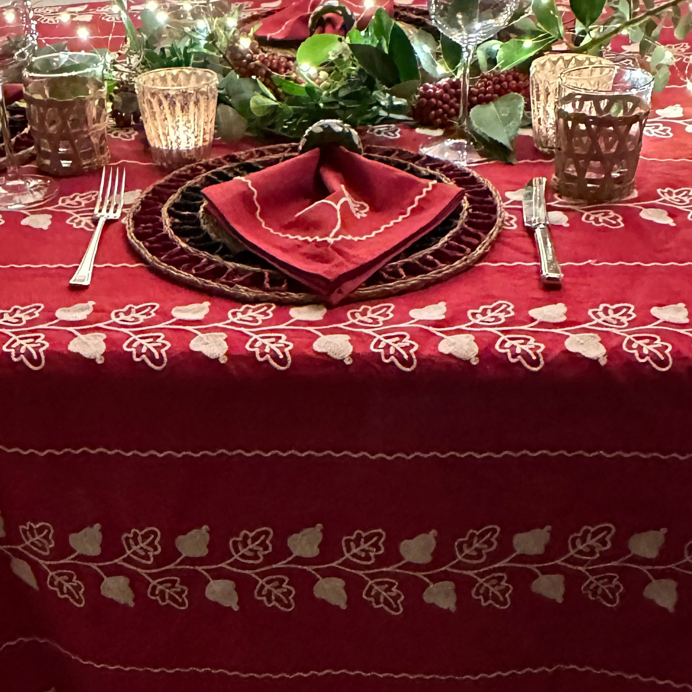 Garden Embroidered Tablecloth - Red
