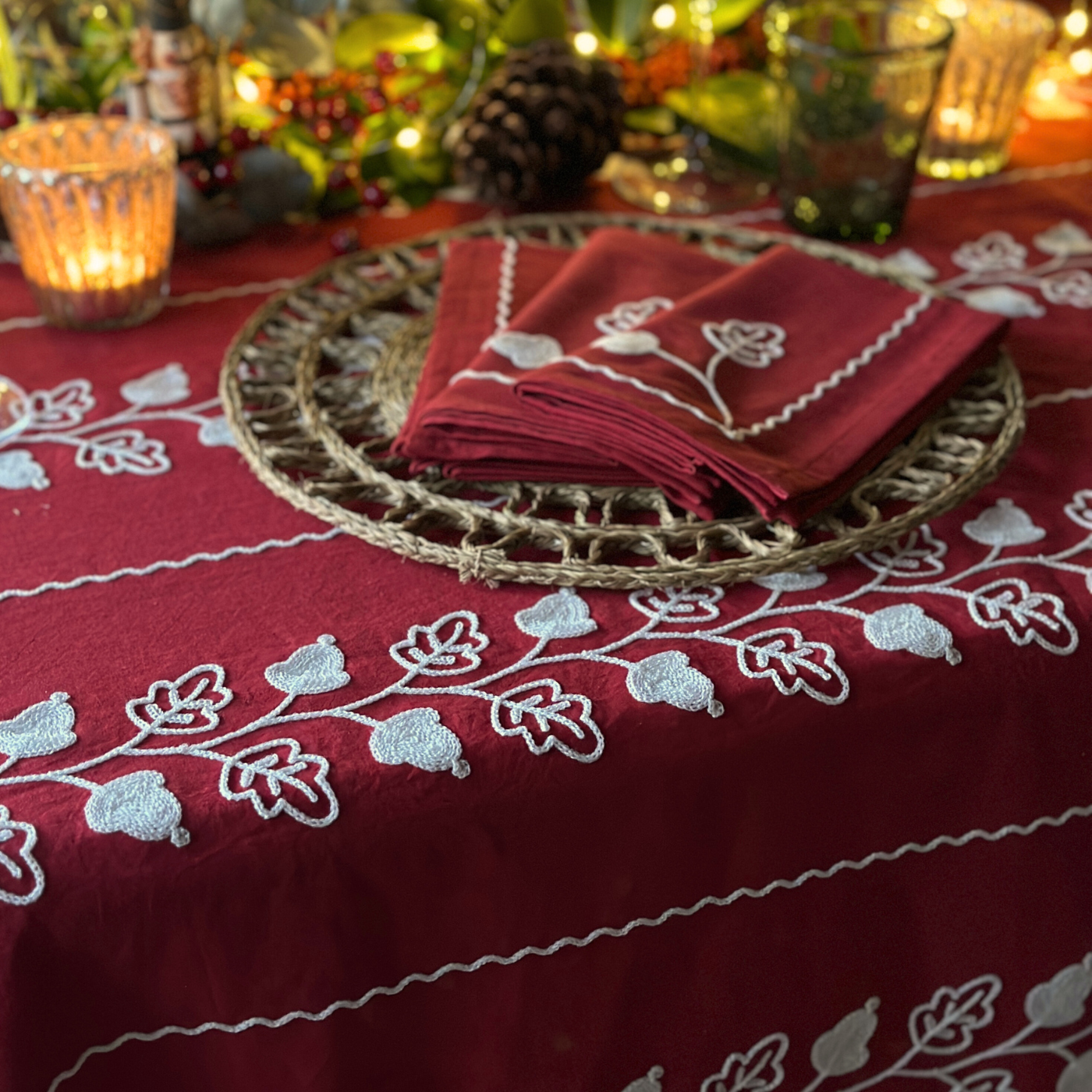 Garden Embroidered Tablecloth - Red