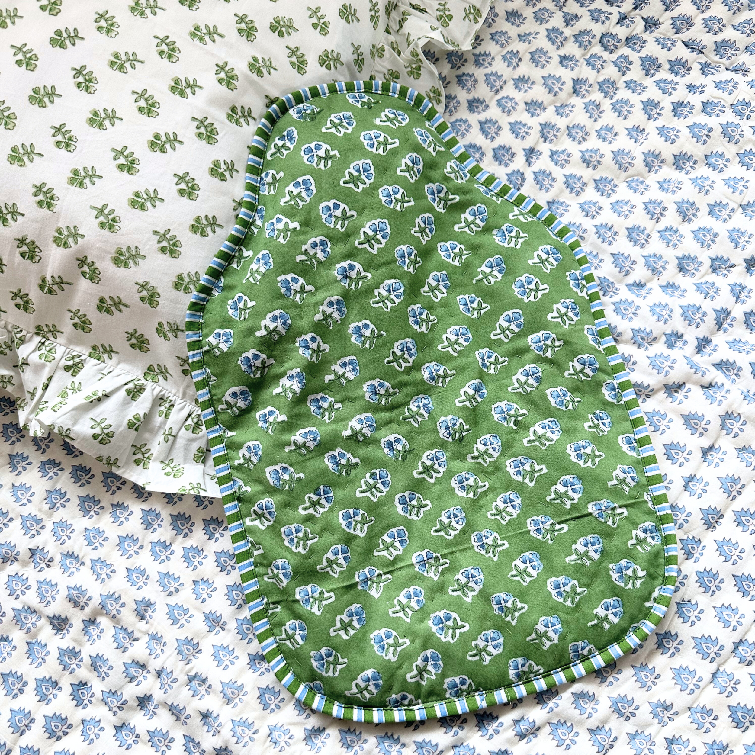 Apple Green Ditsy Block Printed Cotton Qulted Hot Water Bottle Cover