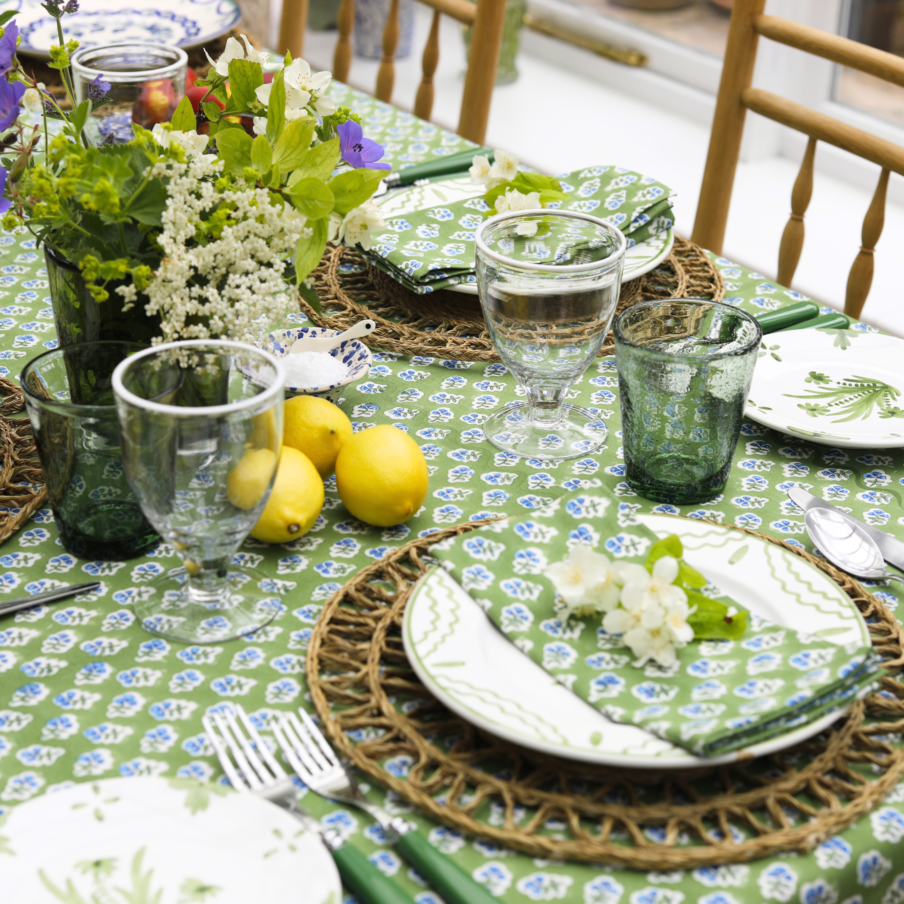 Green Floral Blockprinted Tablecloth