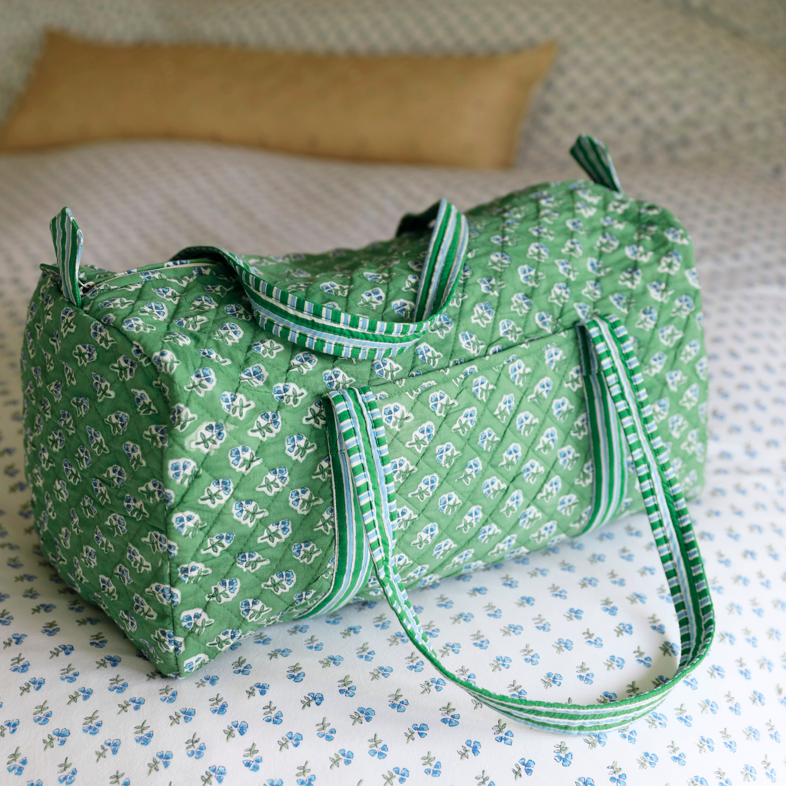 Green Blockprinted weekend bag