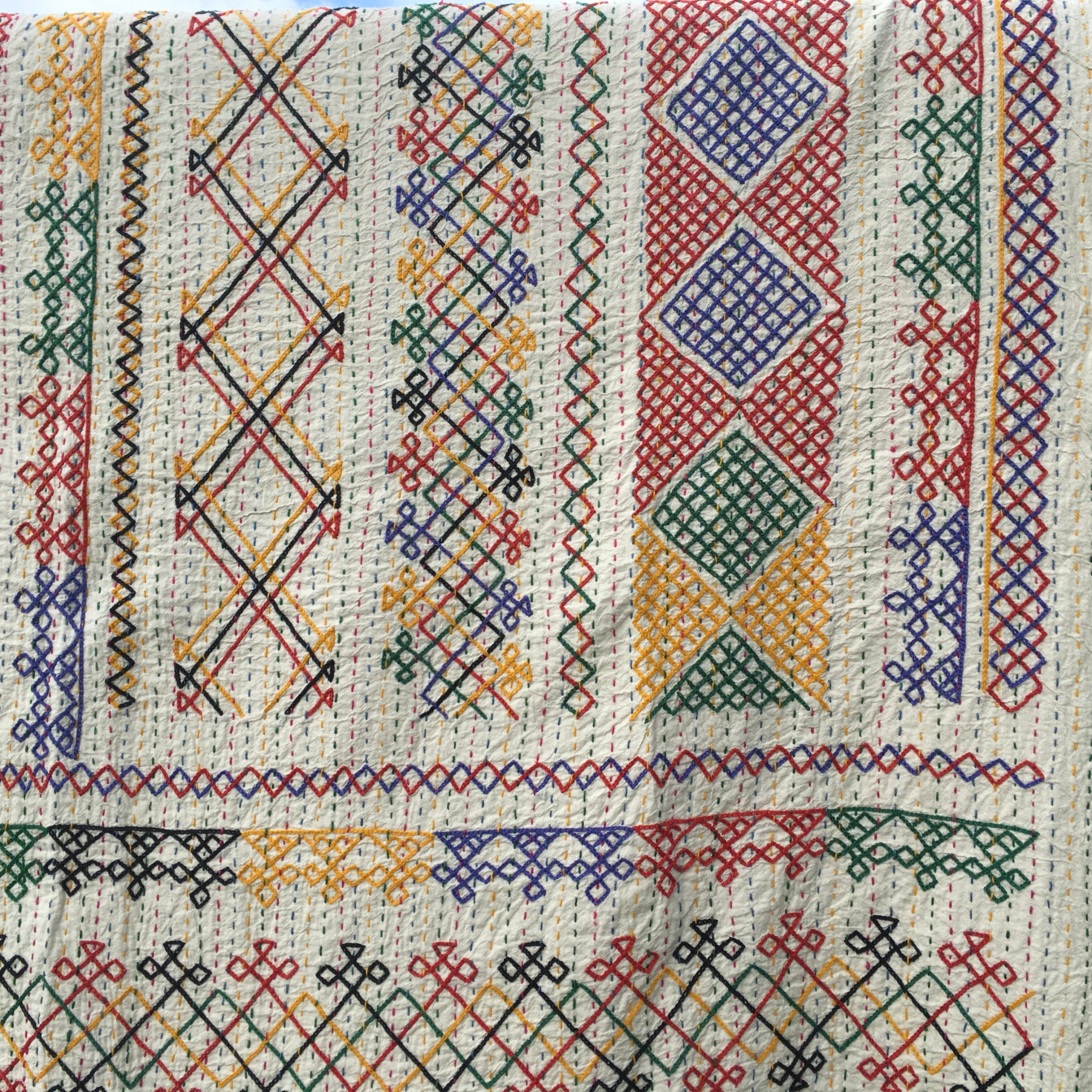 Single Kantha - Criss Cross - Red, Green, Yellow, Purple, Black