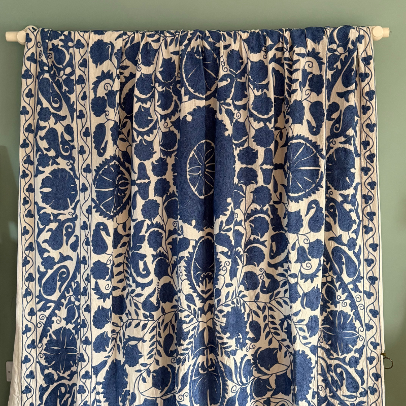 Unique Blue and Cream floral hand embroidered bedspread / throw/ blanket / tablecloth