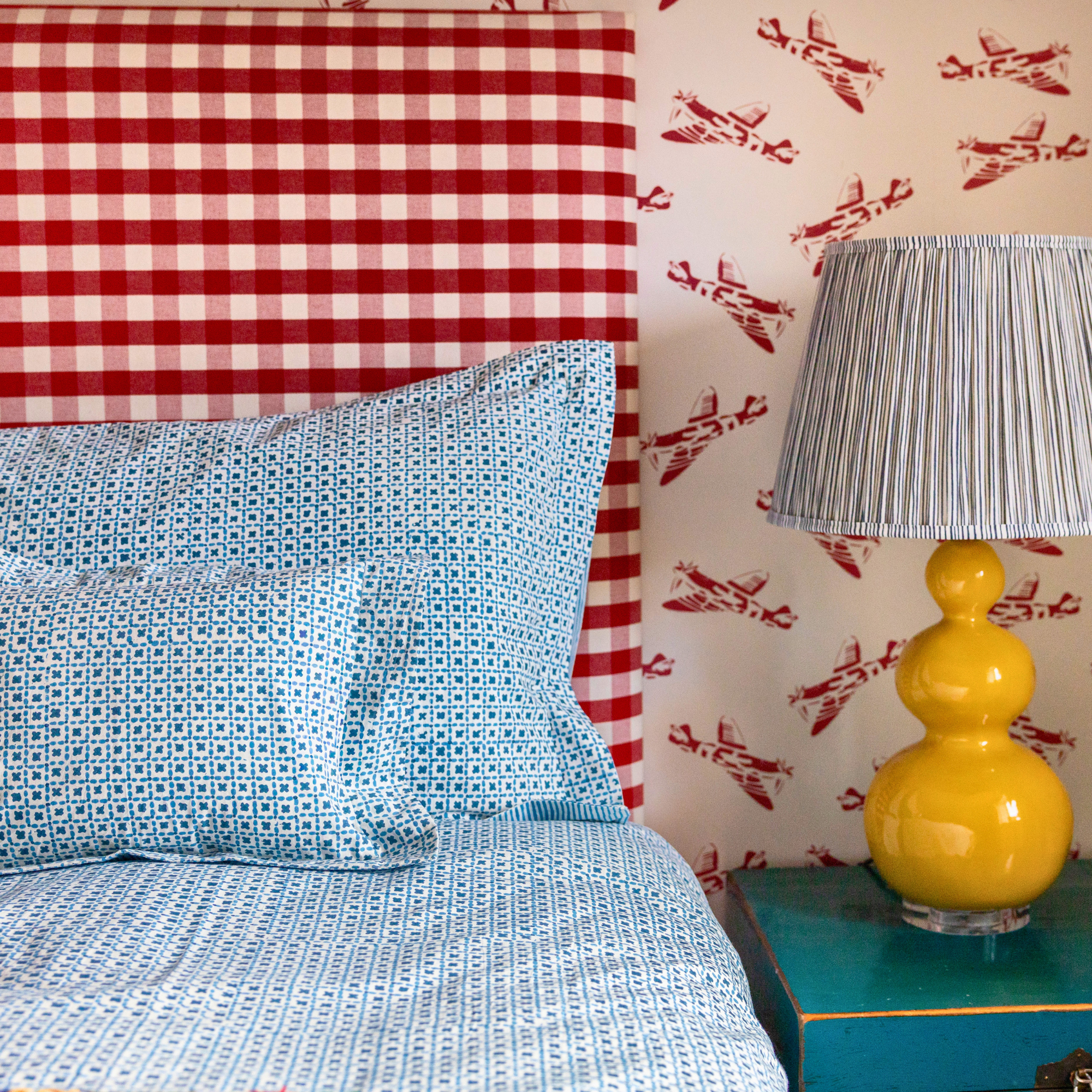 Hand block printed cotton duvet cover in our new Criss Cross design on one side and classic stripes on the reverse.