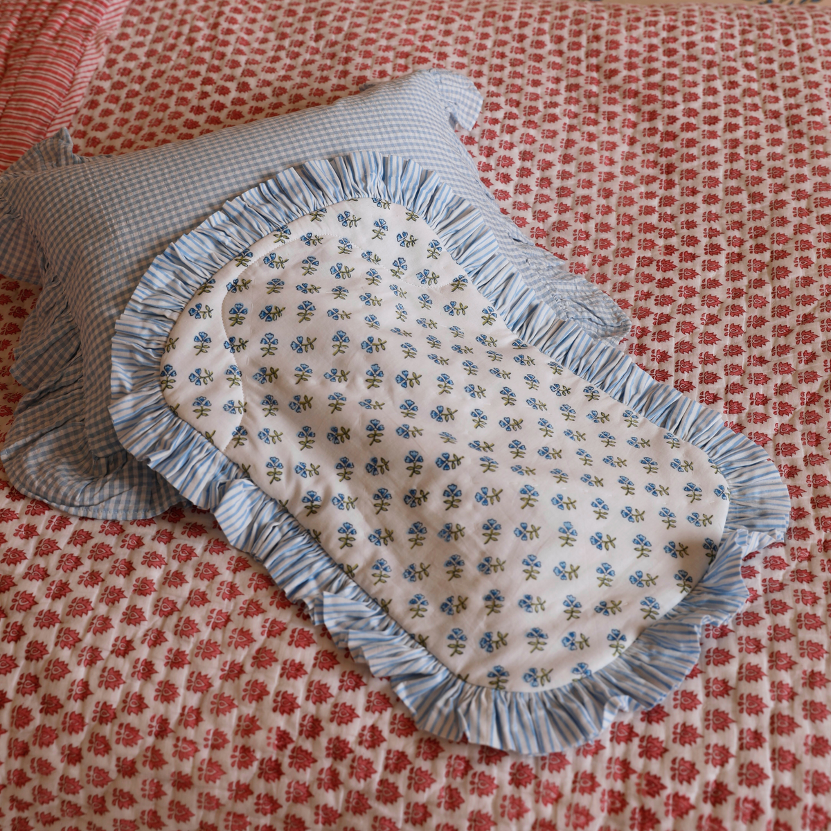 Blue Ditsy Ruffle Hot Water Bottle Cover Block Printed Quilted Cotton