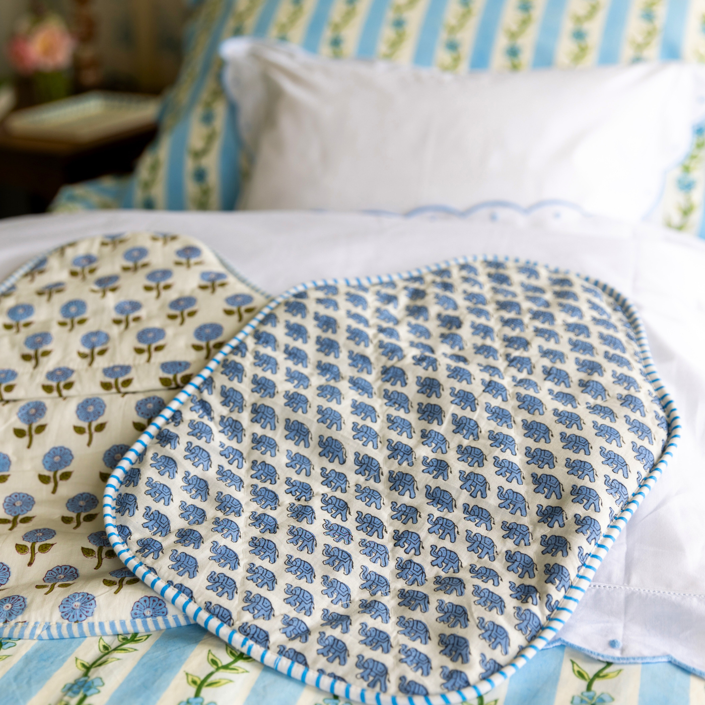 Blue Elephant Block Printed Cotton Hot Water Bottle Cover