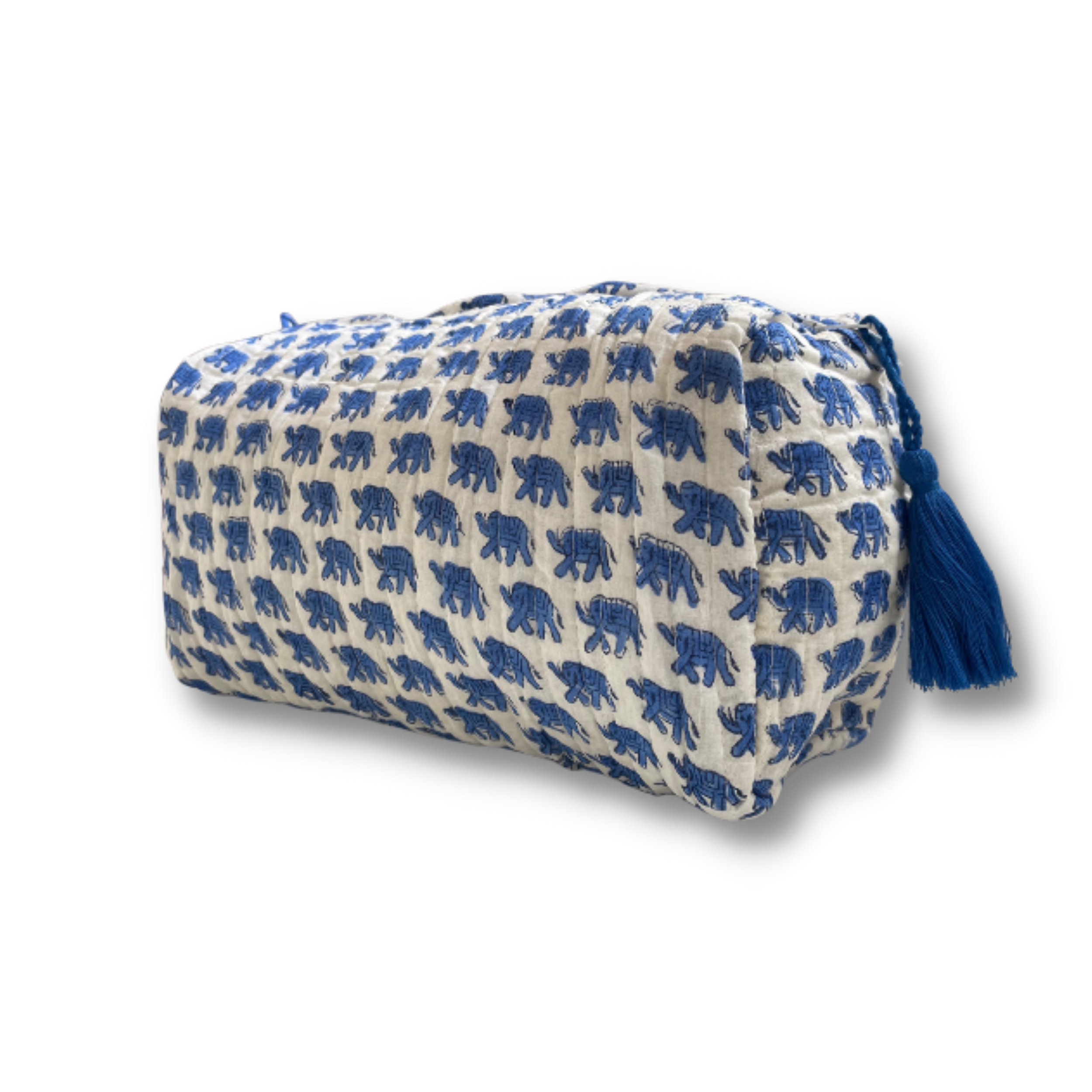 Blue Elephant Block Printed Wash Bag with Tassel