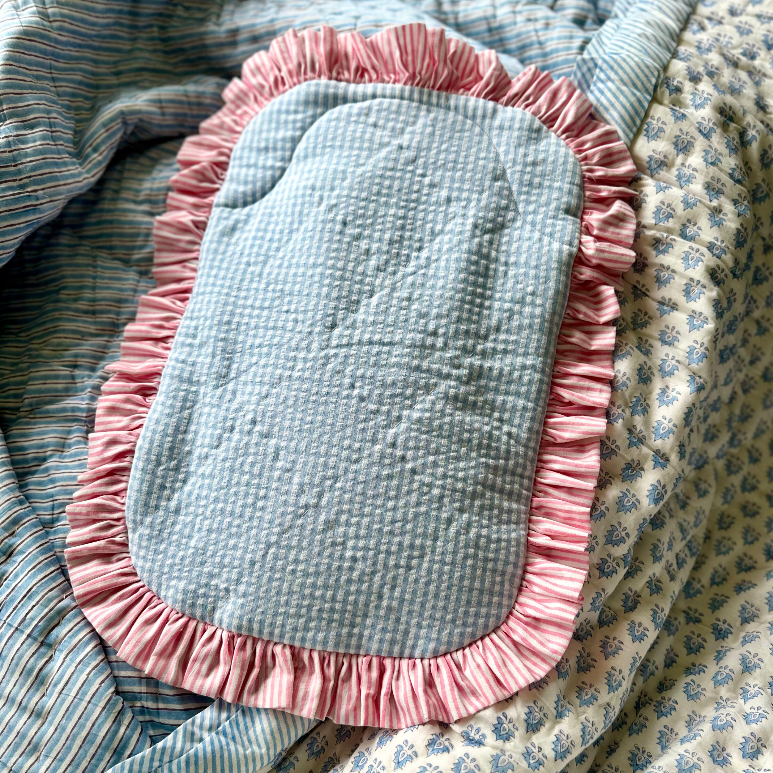 Blue Gingham Ruffle Trim Hot Water Bottle Cover
