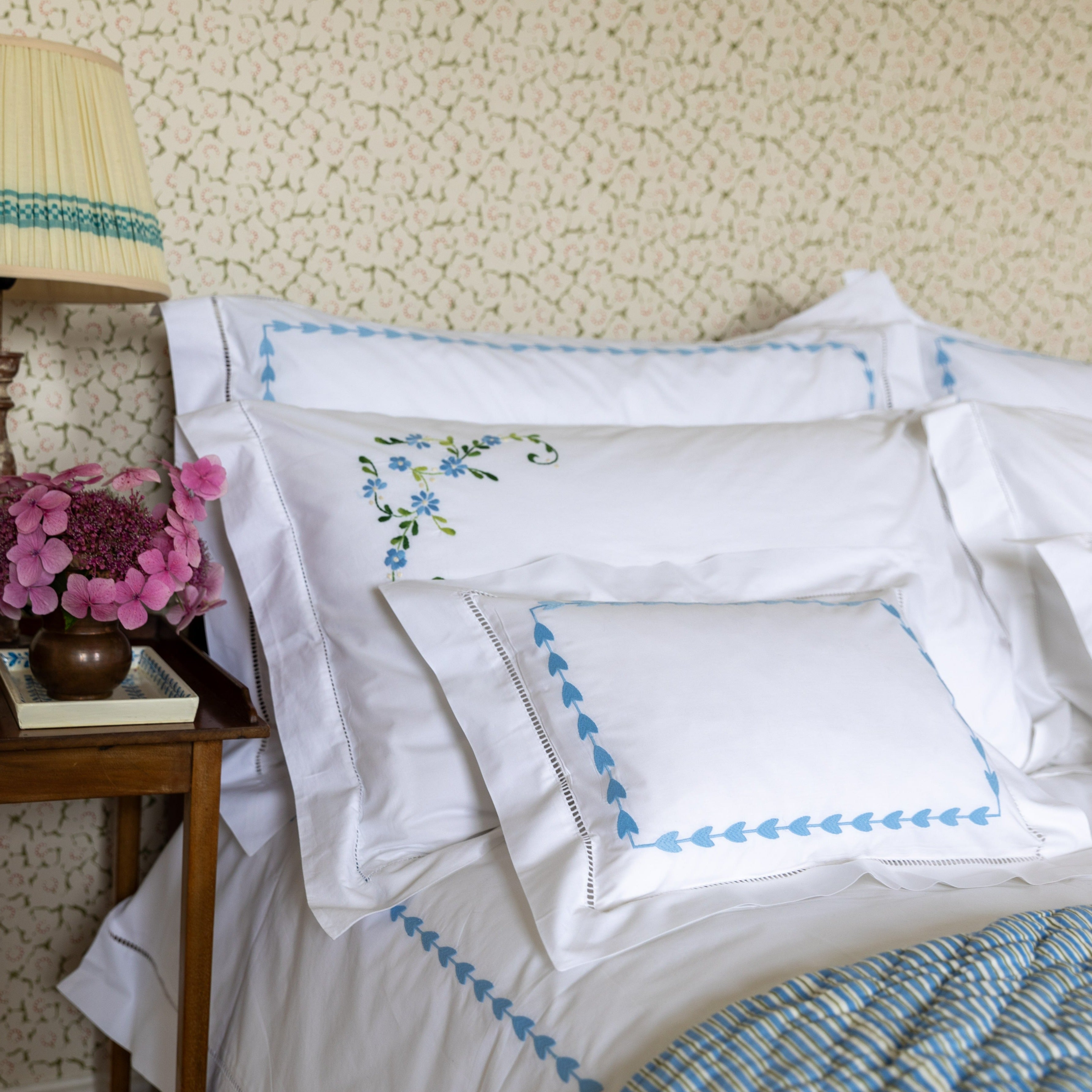 Blue Leaf Border Cotton Embroidered Duvet Cover