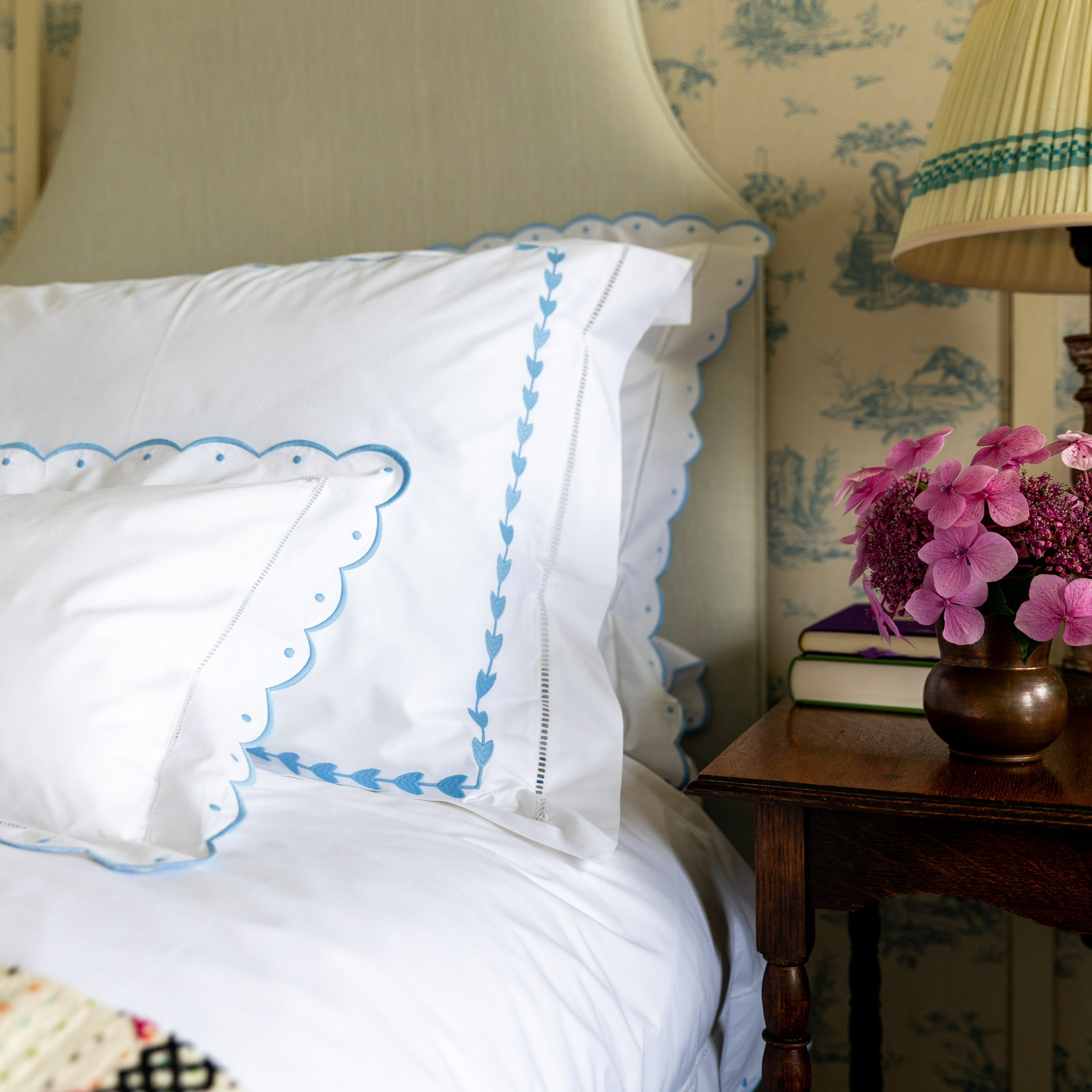 Cotton Blue Leaf Border Pillowcase with hand hem stitched border