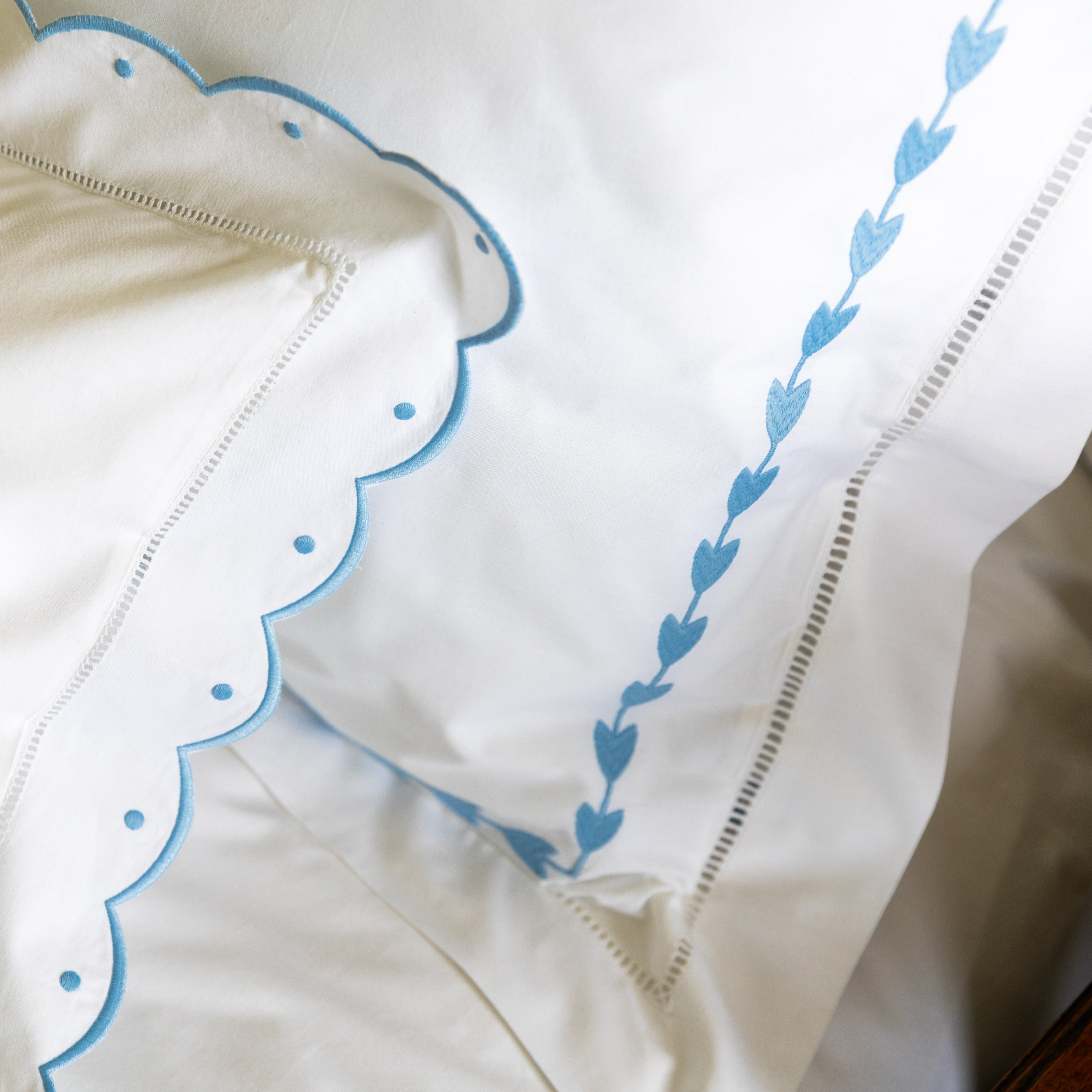Cotton Blue Leaf Border Square Pillowcase with hand embroidered design