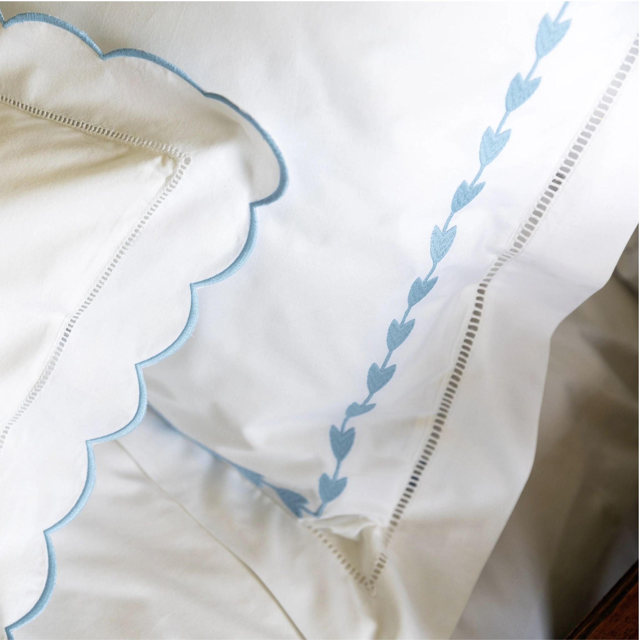 Blue Leaf Embroidered Pillowcase, Super King