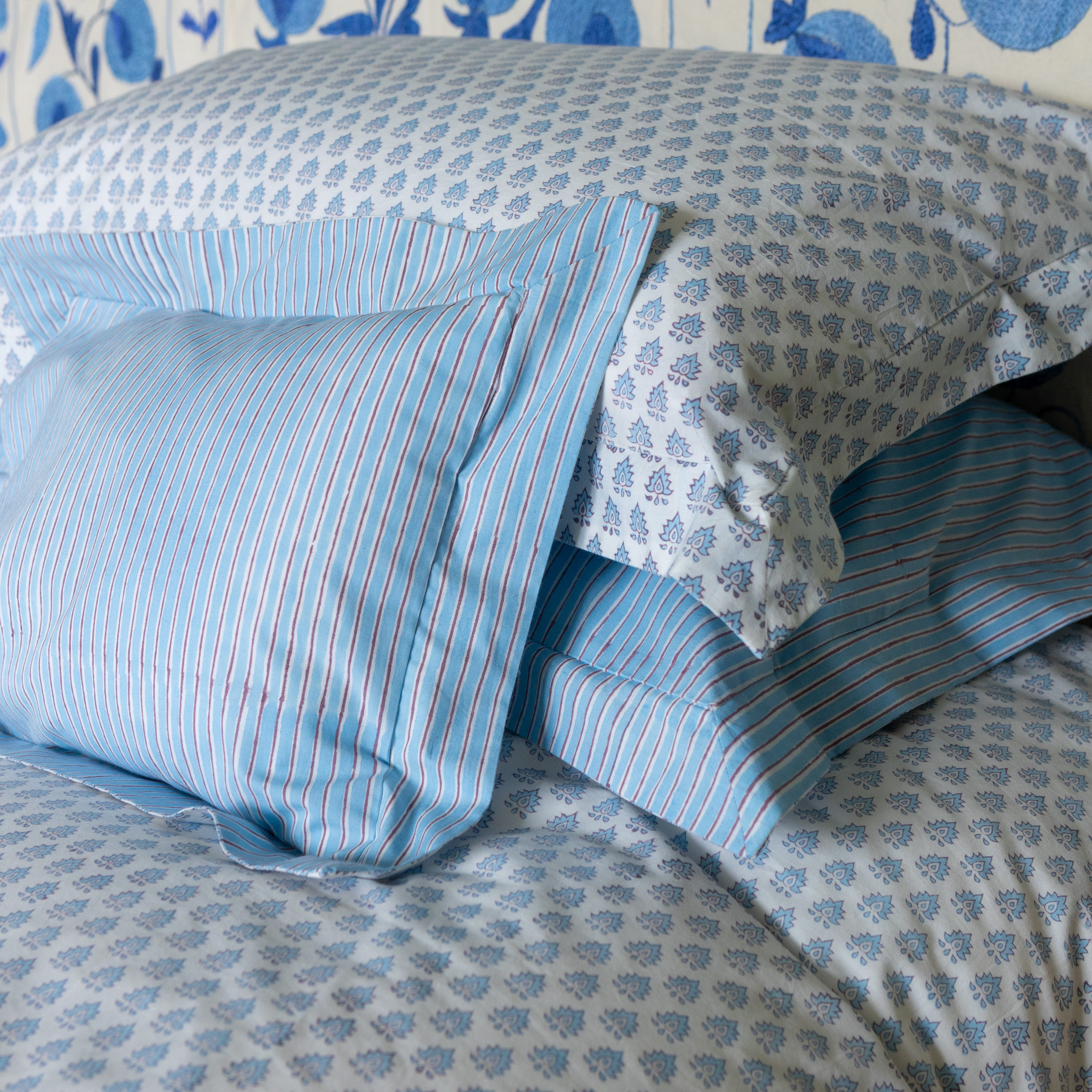 Hand Block Cotton Blue Pomily Pillowcase