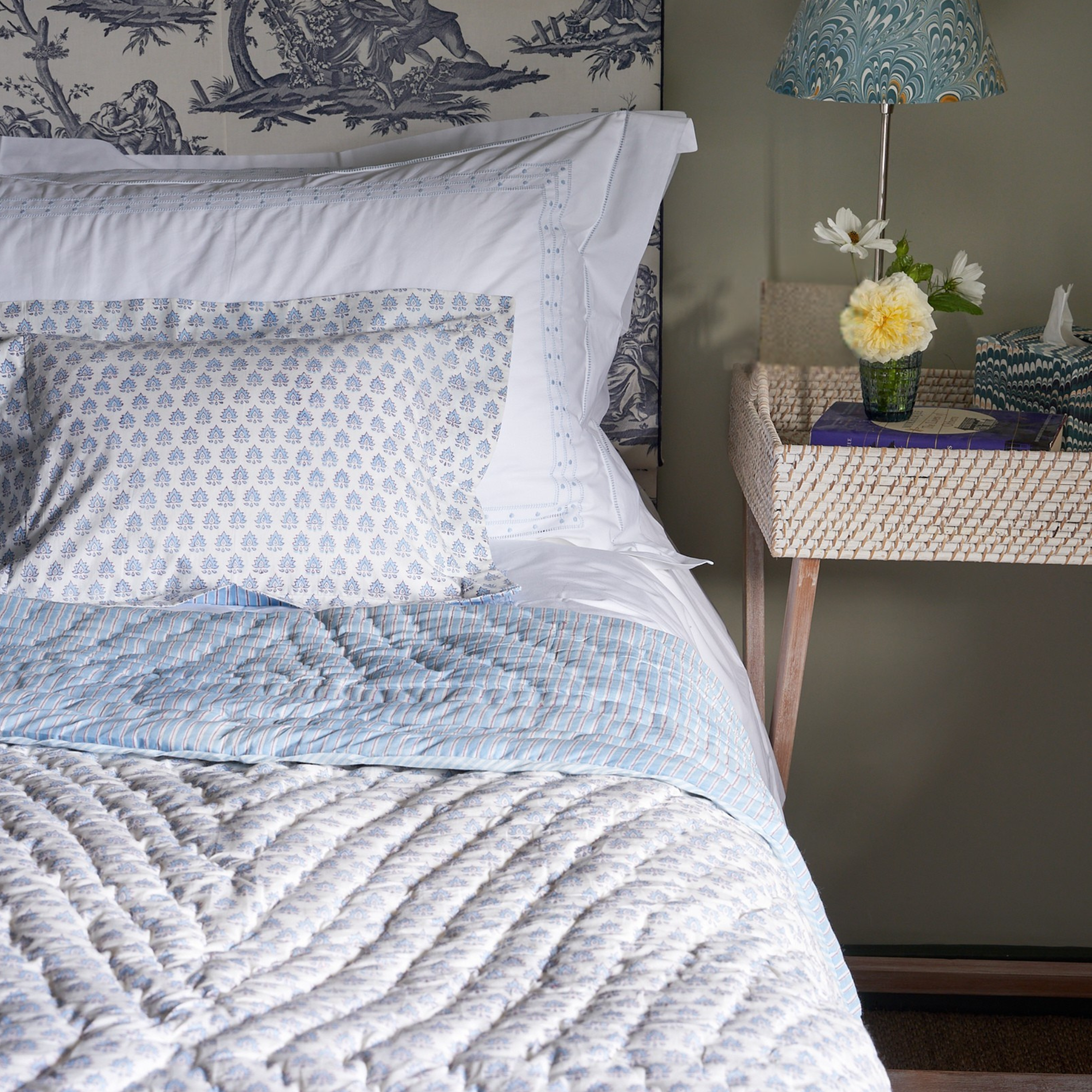 Cotton hand block printed blue quilt / bedspread / throw