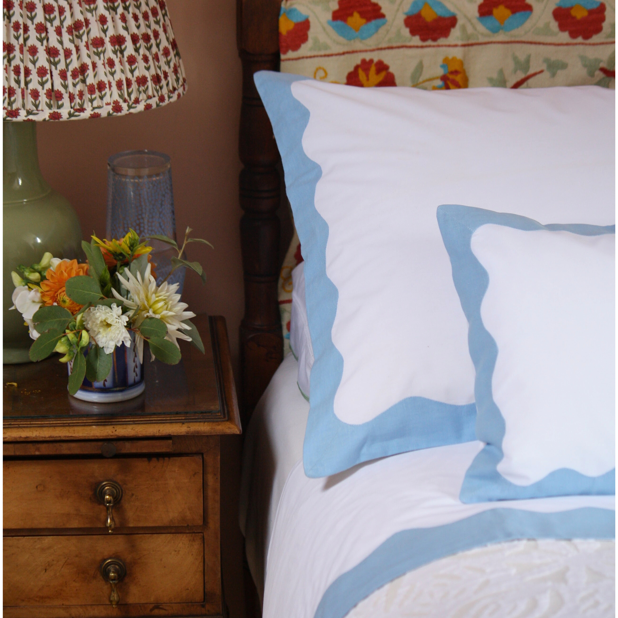 Cotton Blue Wave Pillowcase with hand stitched wave border