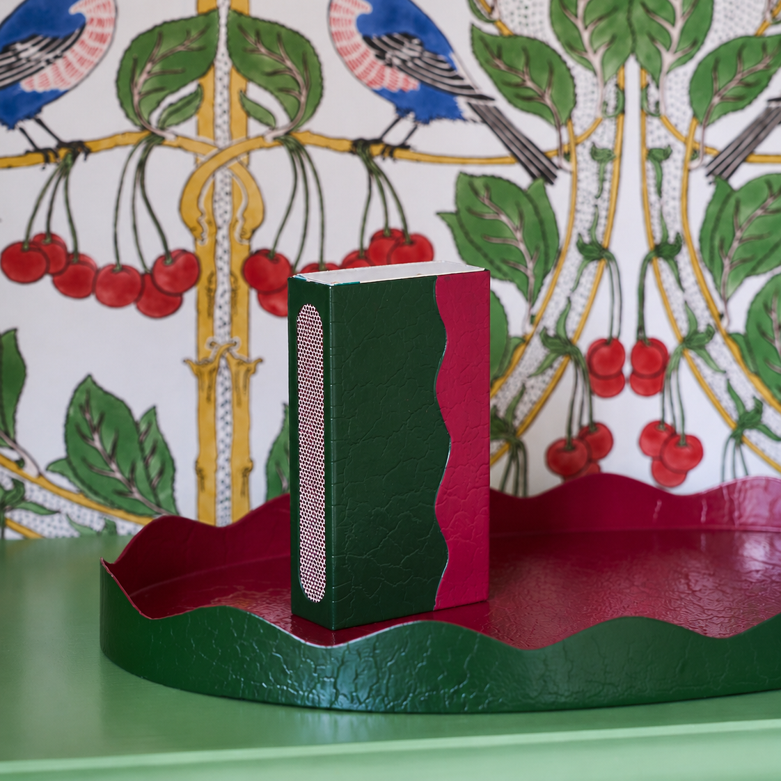 Toleware Matchbox Cover - Dark Green & Raspberry