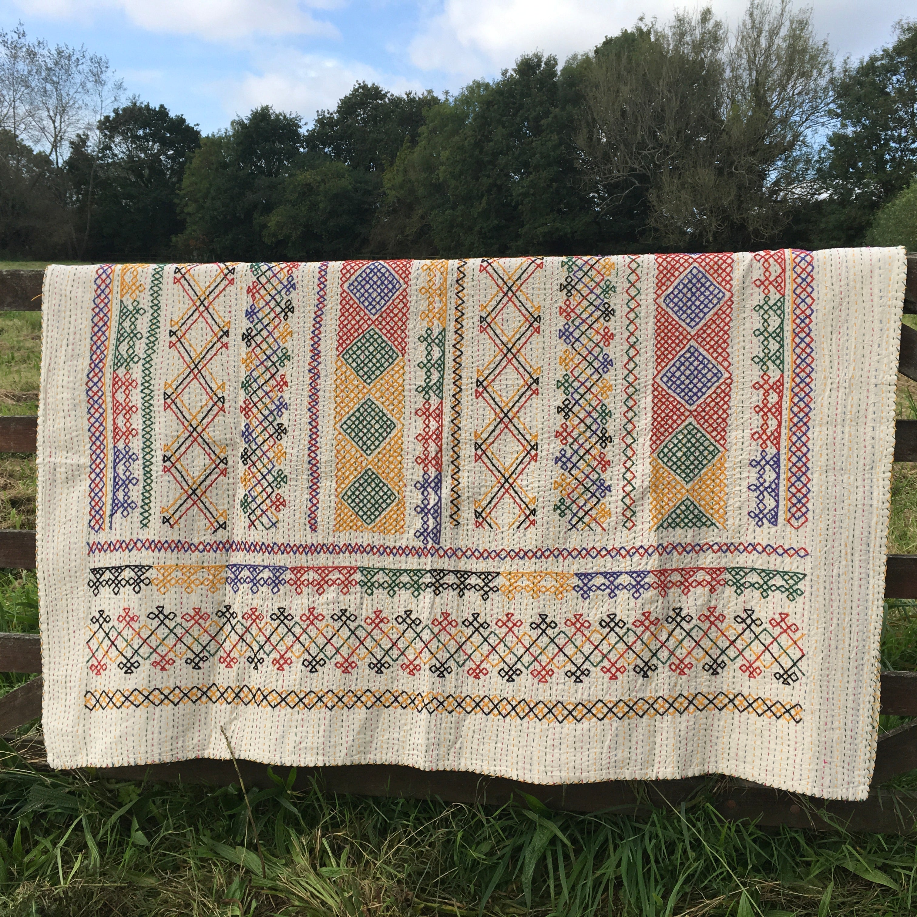 Single Kantha - Criss Cross - Red, Green, Yellow, Purple, Black