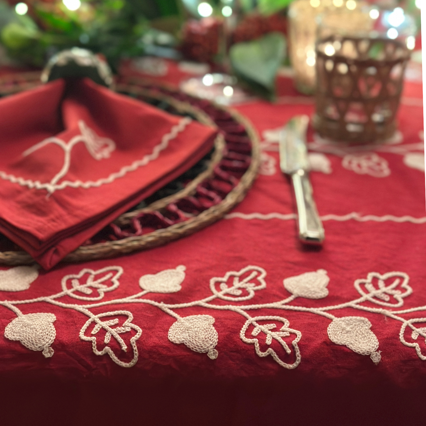 Red embroidered tablecloth