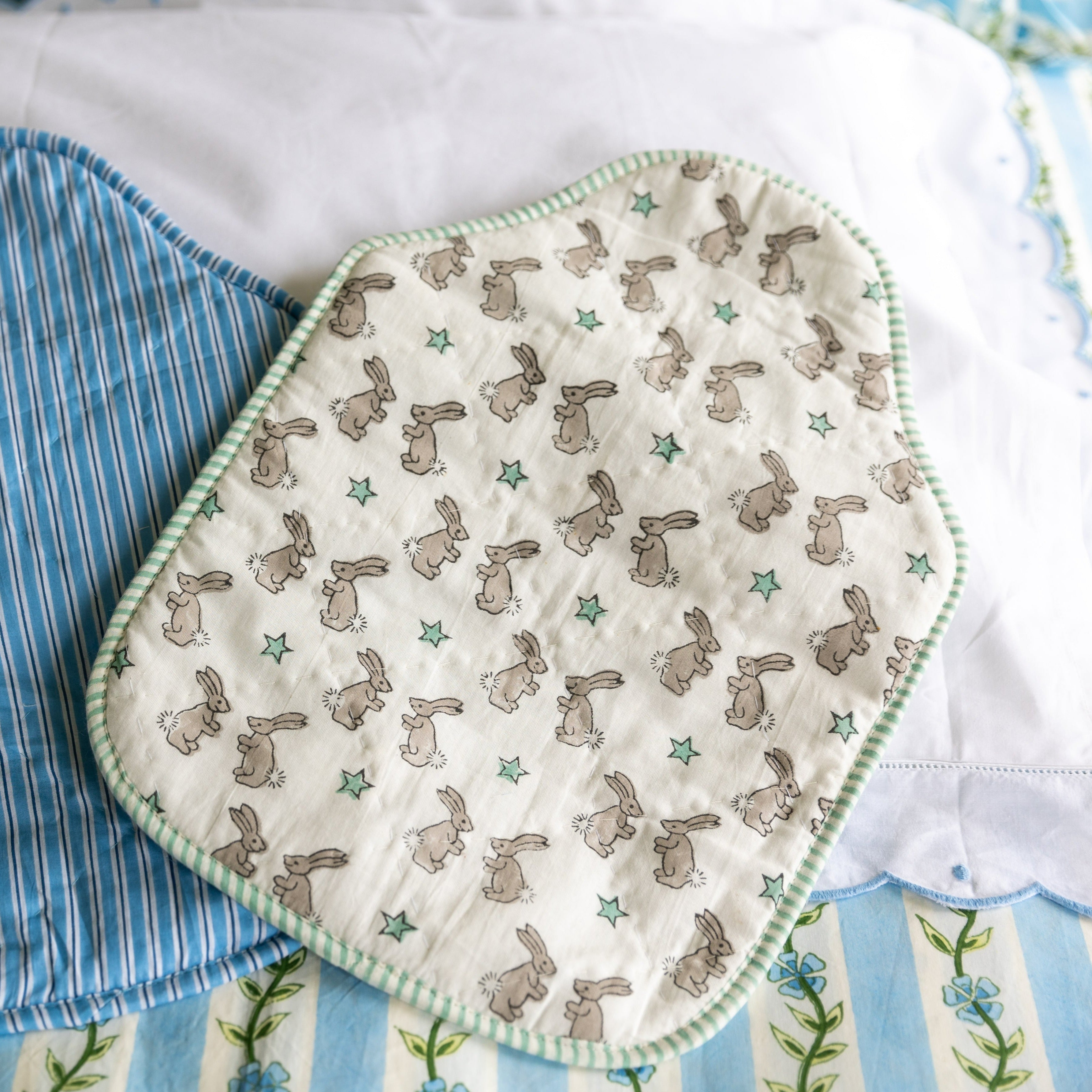 Green Bunny Block Printed Cotton Quilted Hot Water Bottle Cover