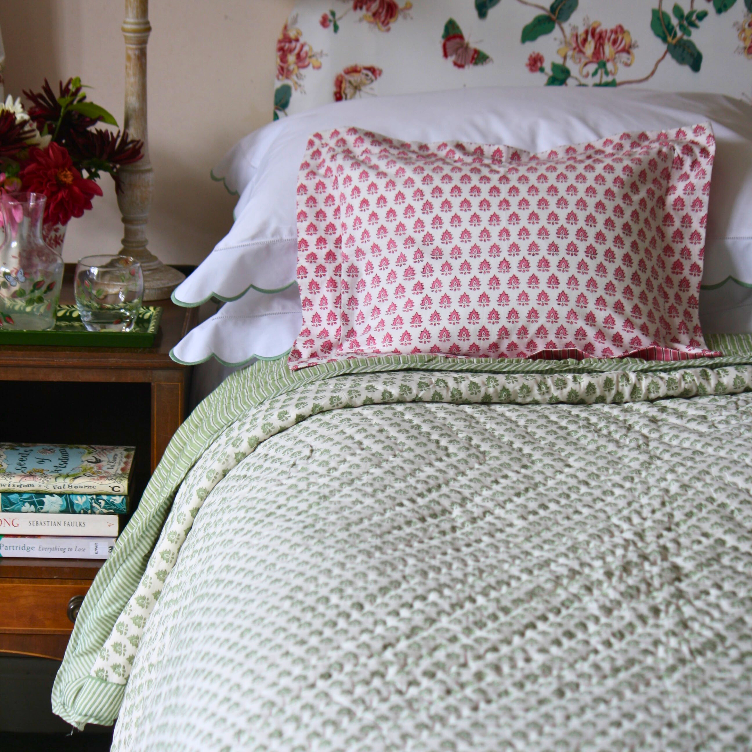 Green Cotton Block printed reversible quilt/ bedspread/ throw