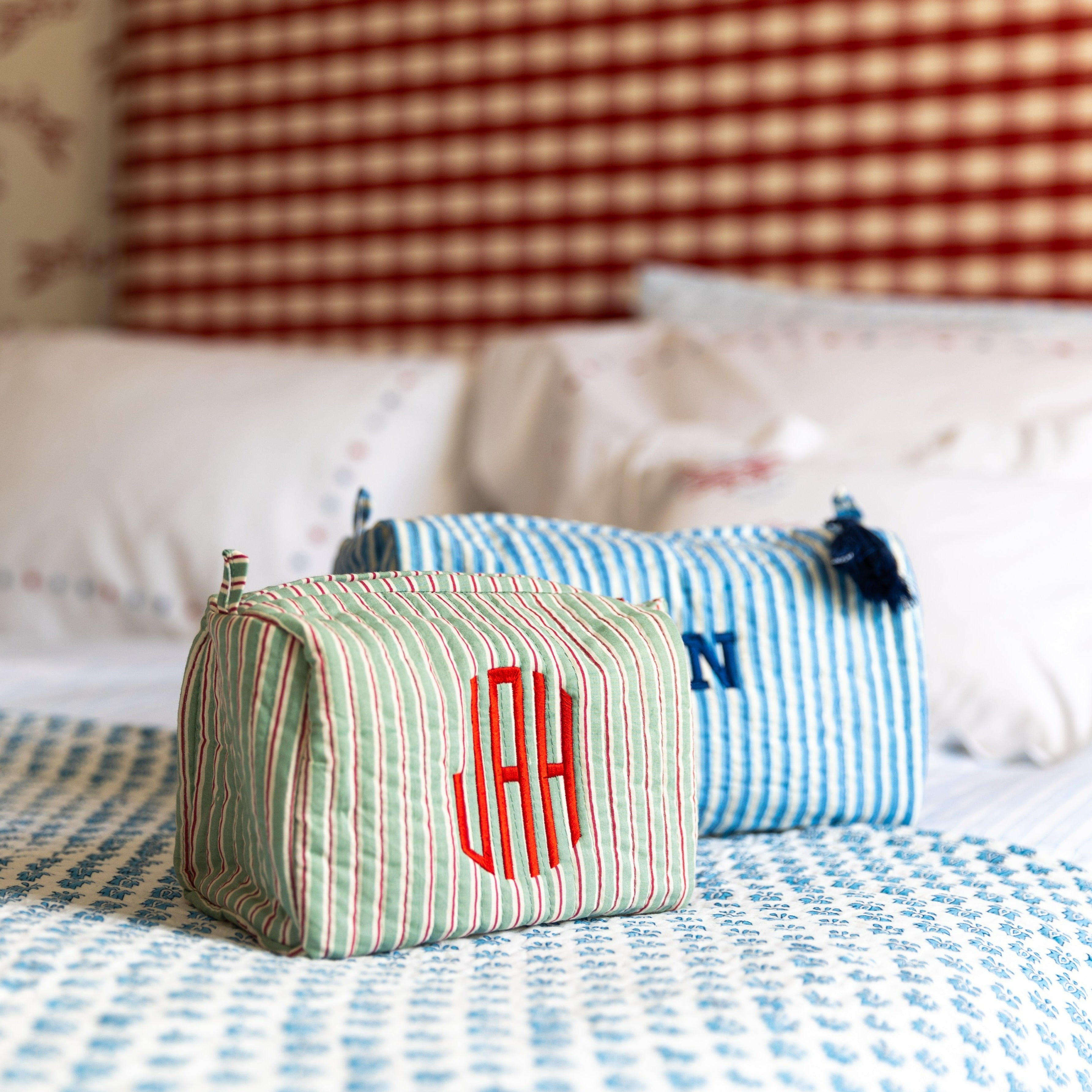 Green Stripe Block Printed Wash Bag