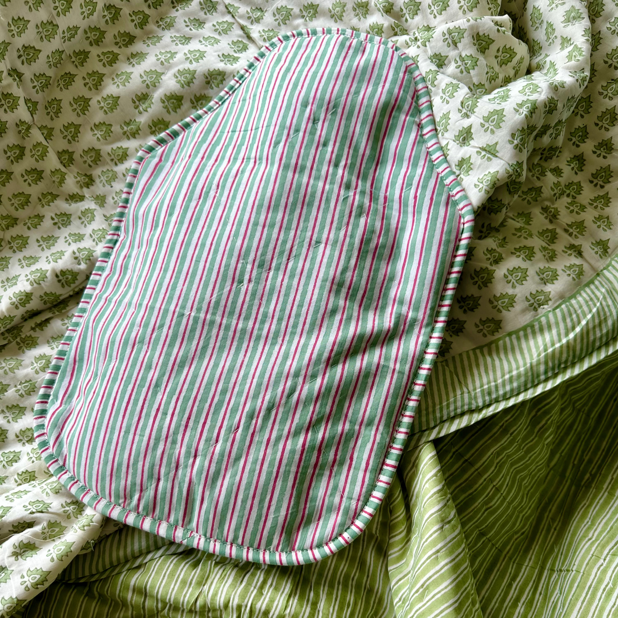 Cotton Block Printed Green and Red Striped Hot Water bottle Cover