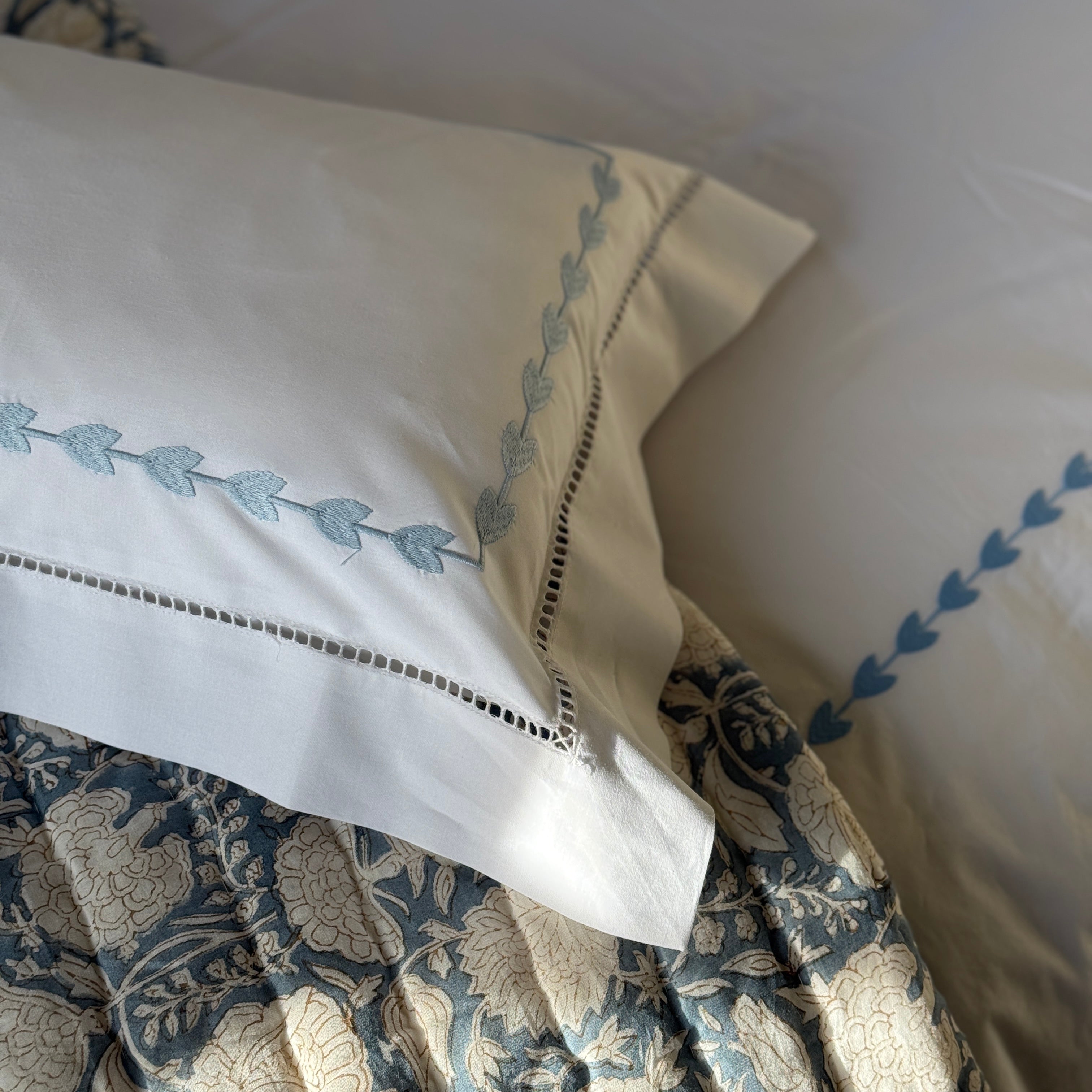 Blue Leaf Embroidered Pillowcase