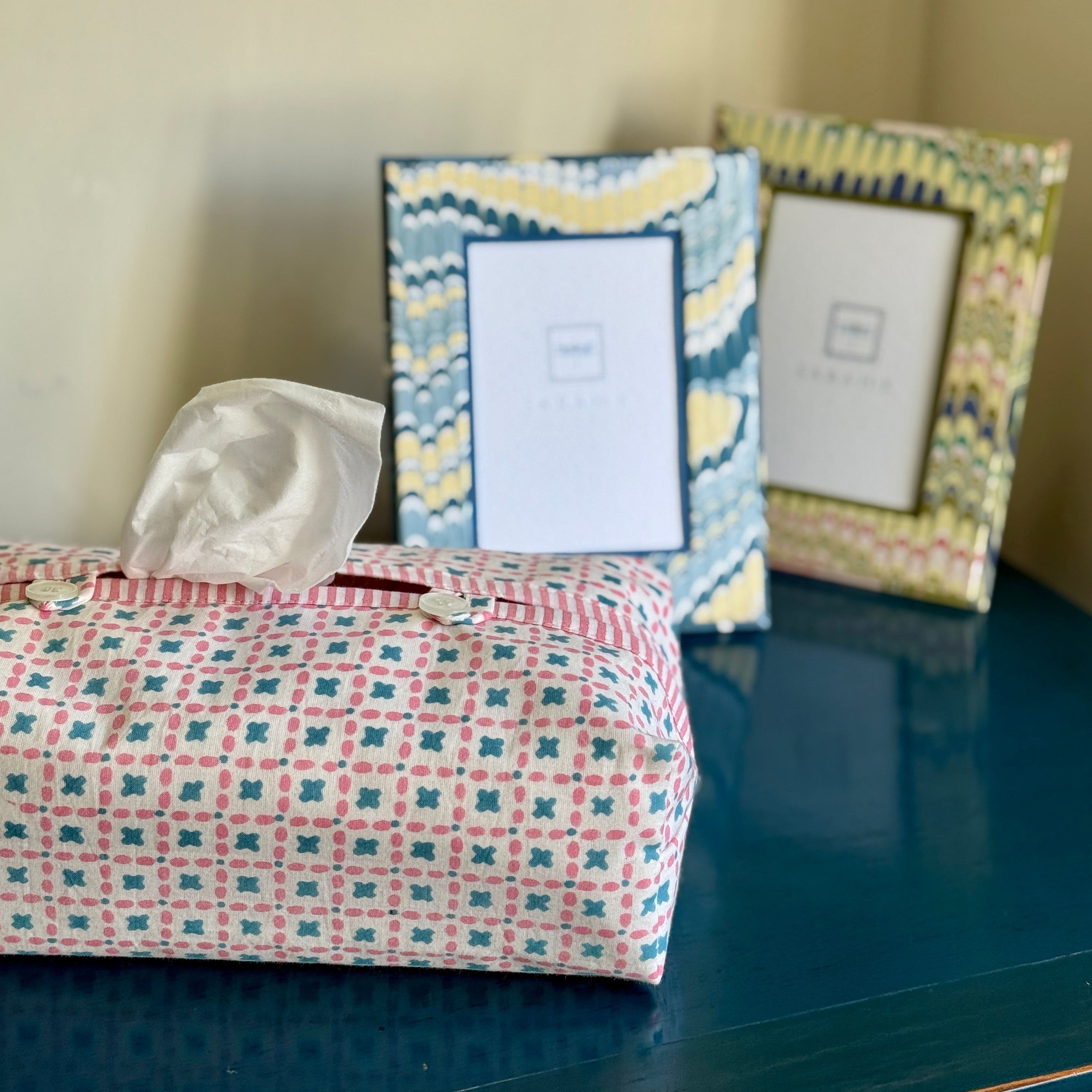 Teal & Pink Criss Cross Tissue Box Cover