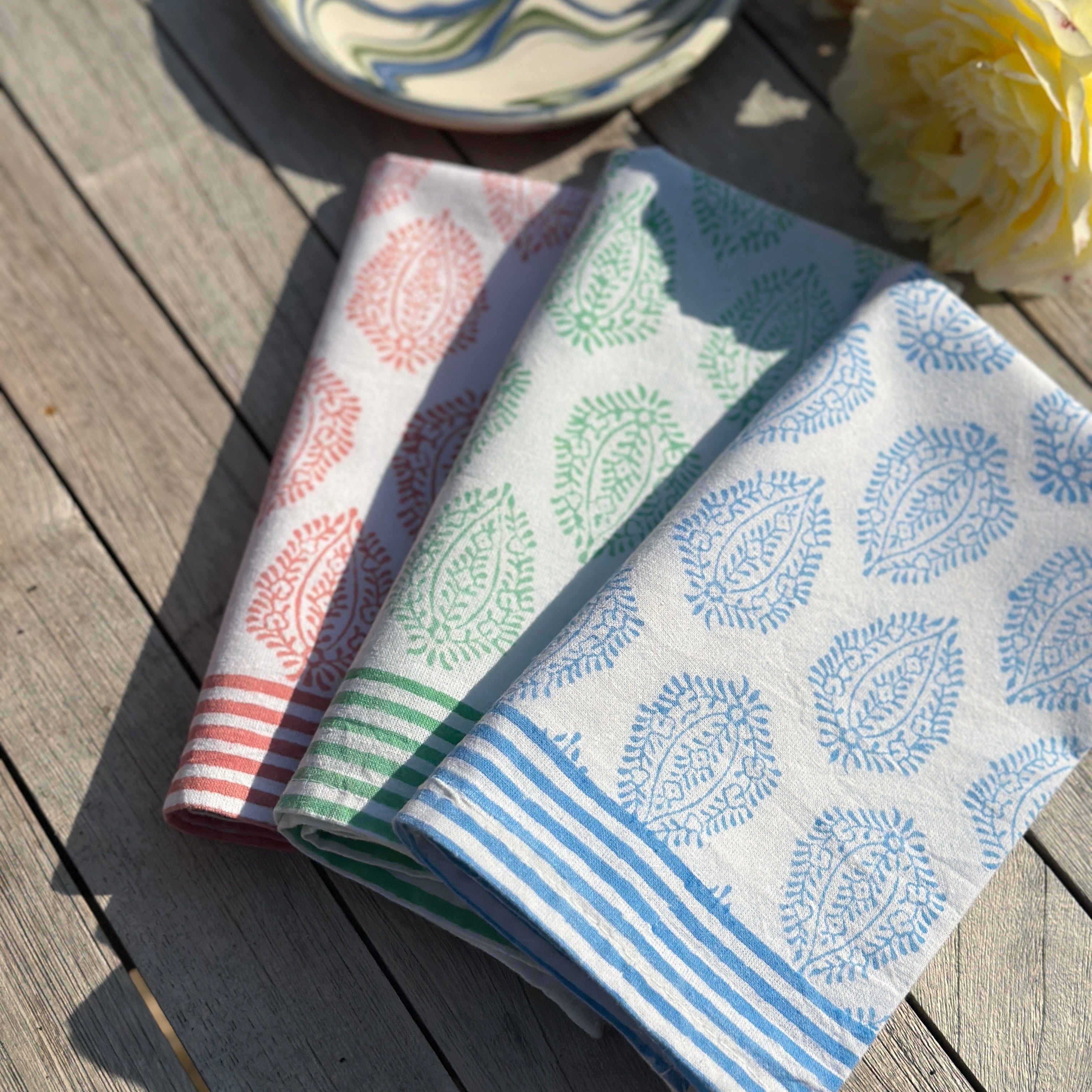 Blue Leaf Striped Border Napkin - Set of 4