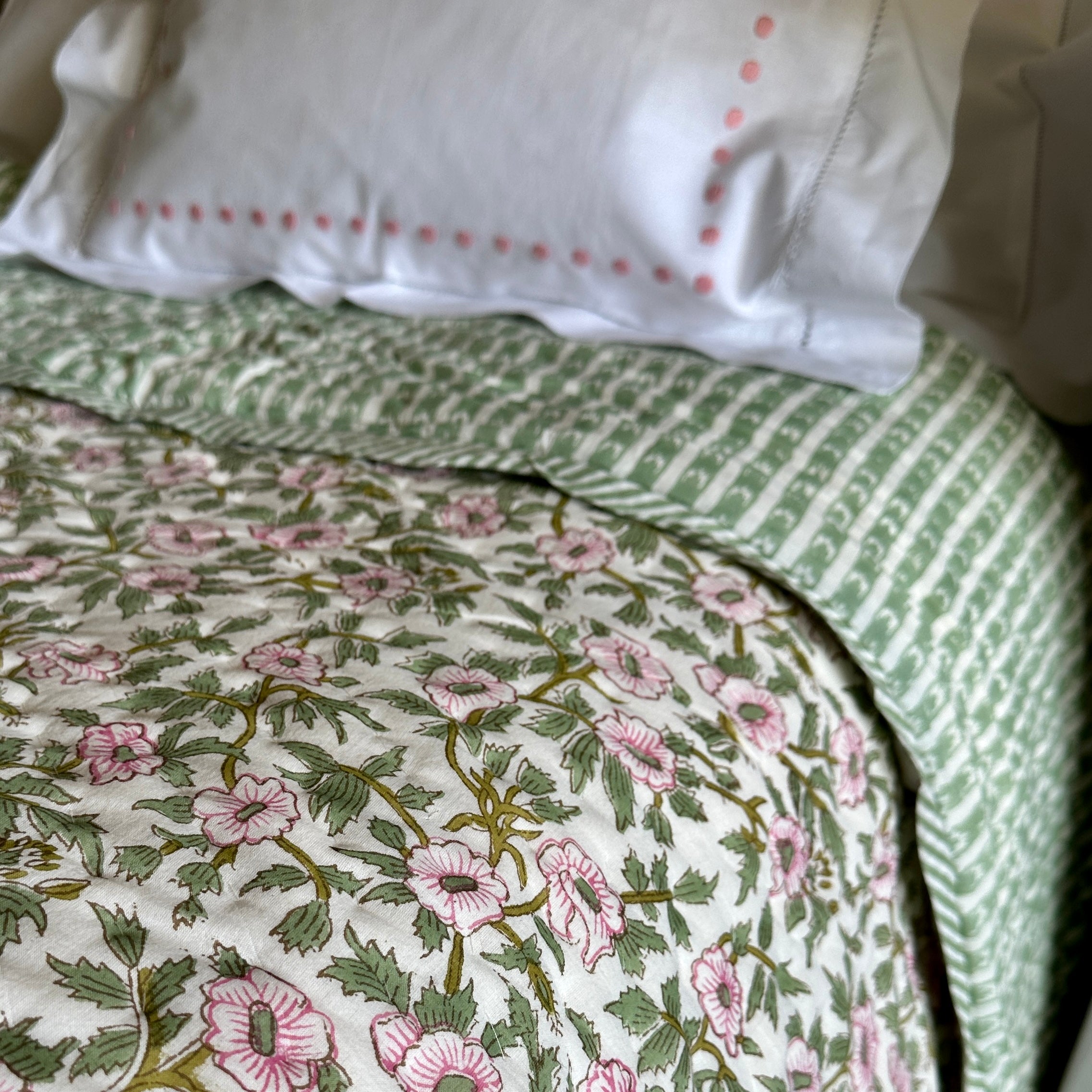 Green and Pink Floral Block printed quilt