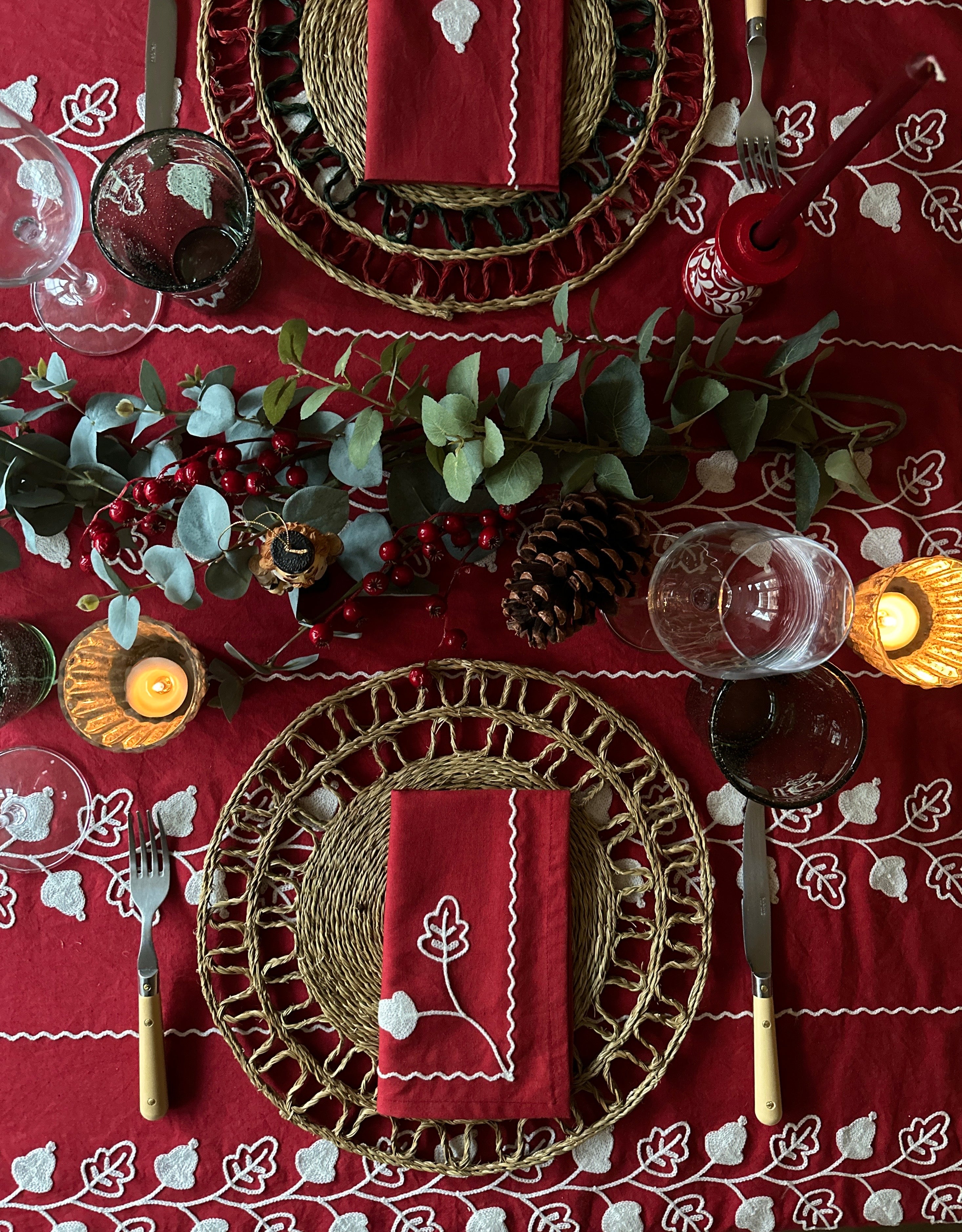 Garden Embroidered Tablecloth - Red