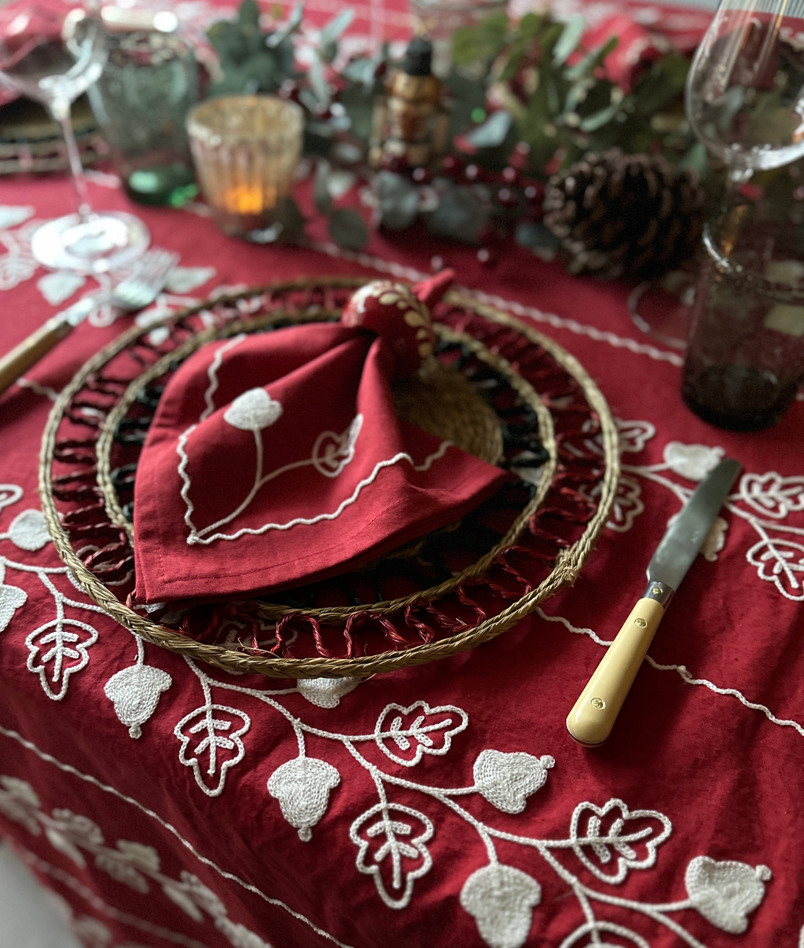 Garden Embroidered Tablecloth - Red