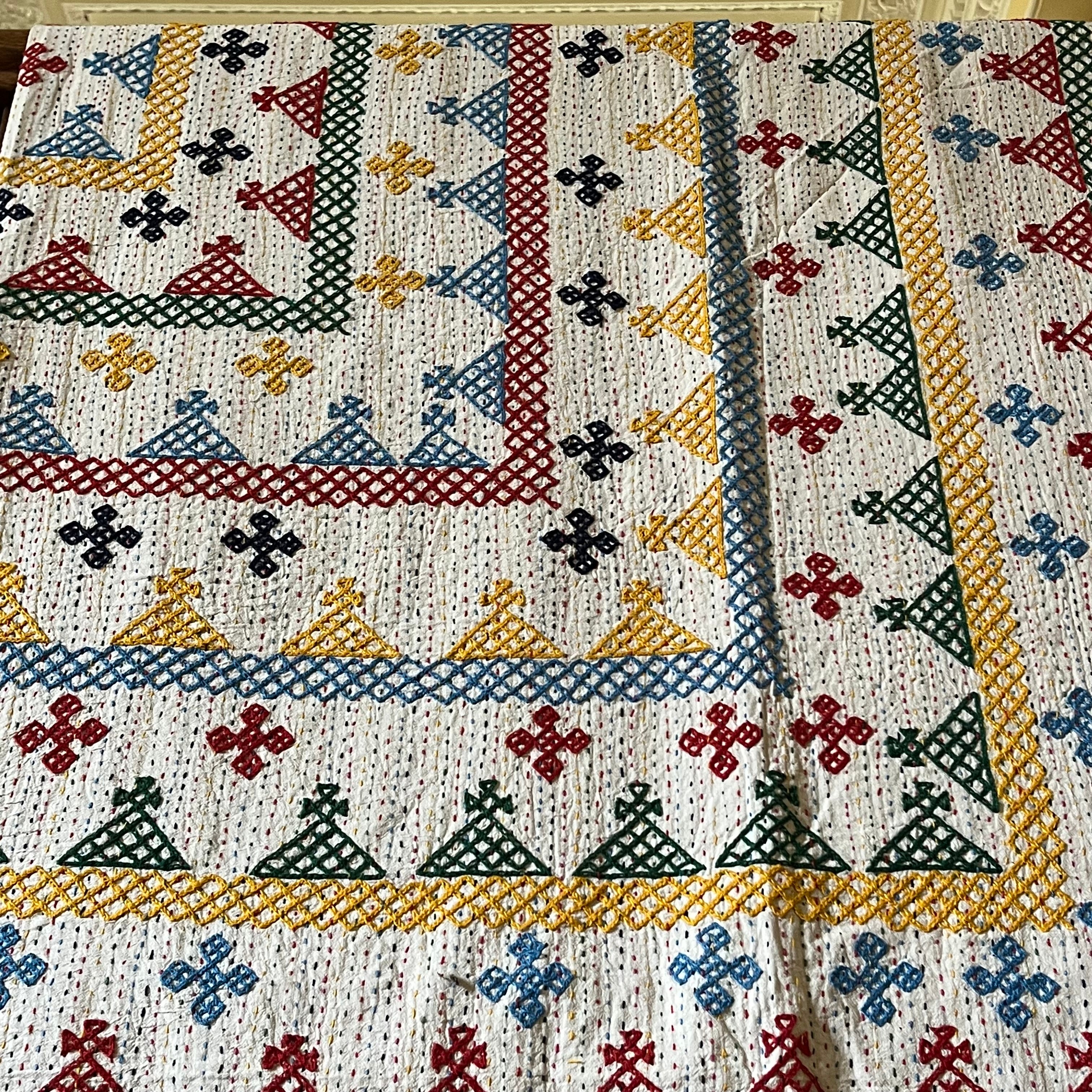 LARGE KANTHA BEDSPREAD - RED, BLUE, YELLOW, GREEN, NAVY