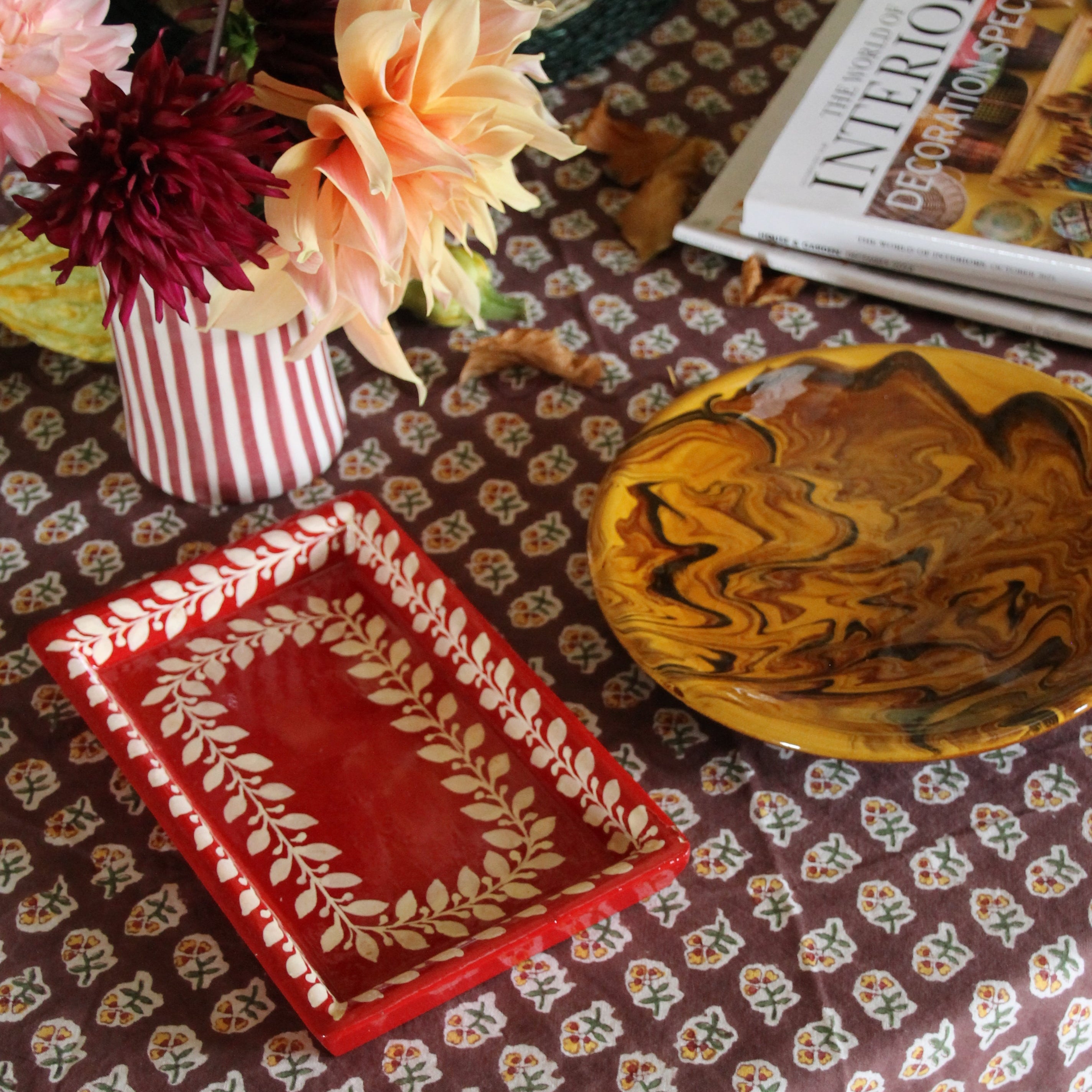 Red and Cream Painted Tray