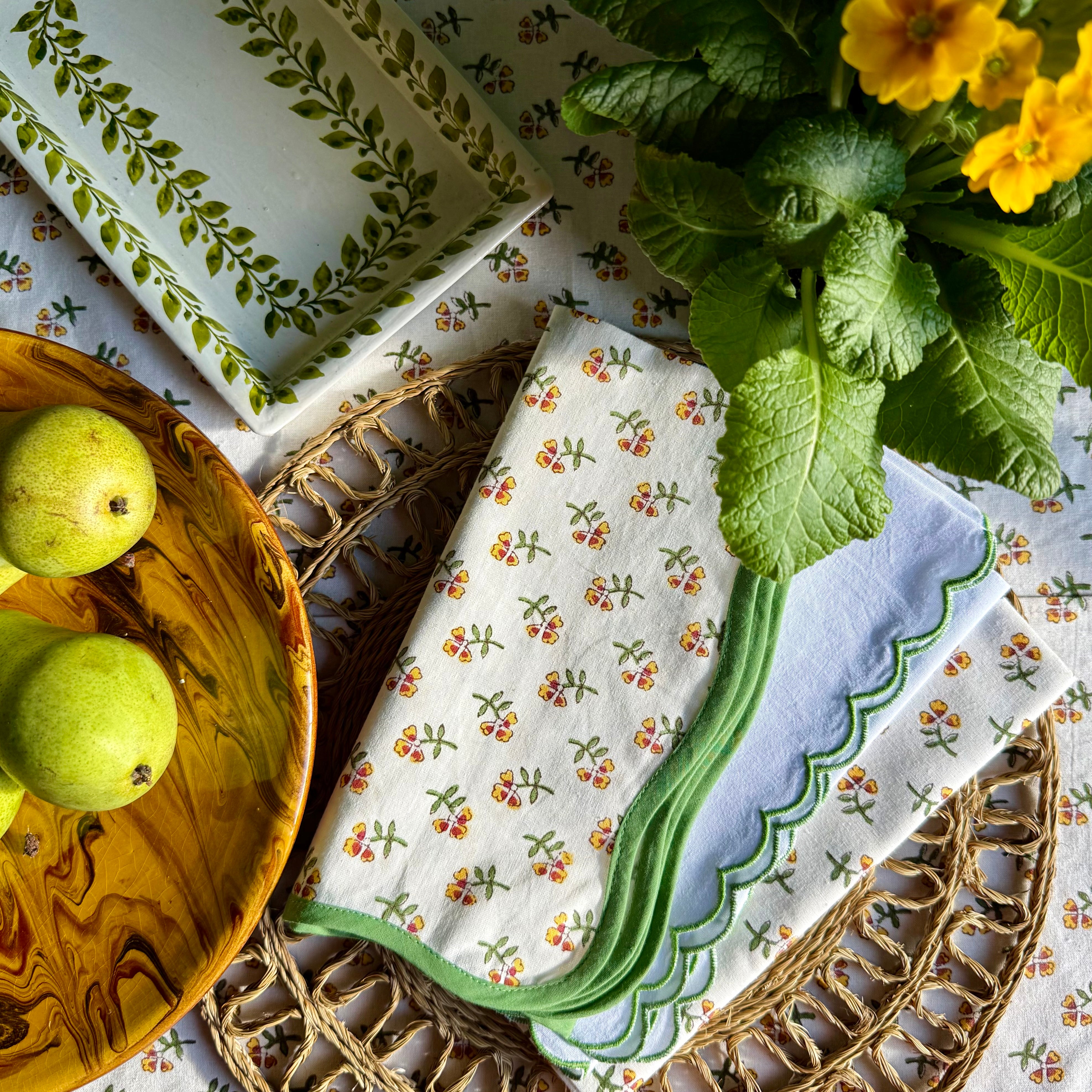 Green Scallop Yellow Ditsy Napkins - Set of 4