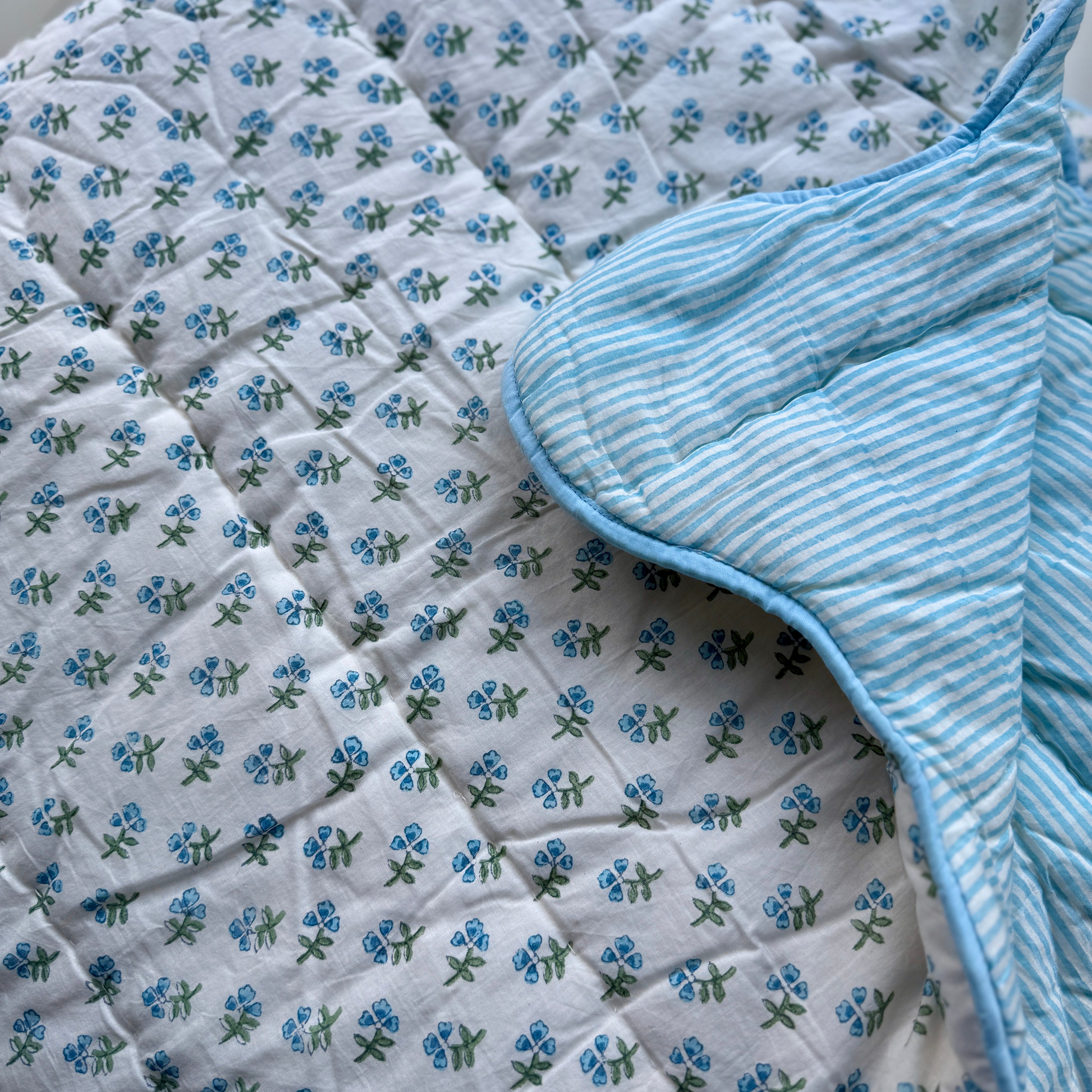 Sample - Light Blue Blue Ditsy Scalloped Bedspread - Single