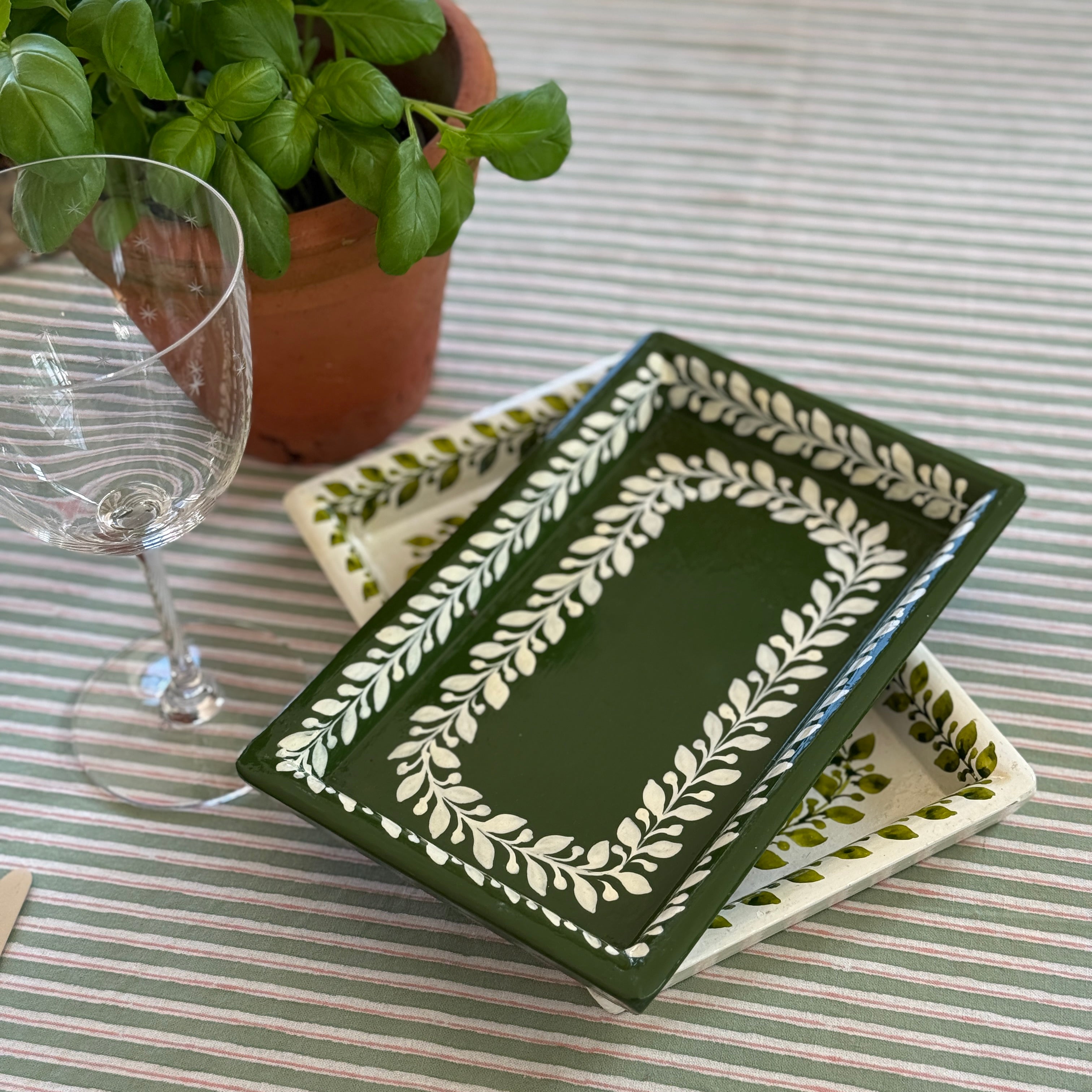 Green and White Painted Tray