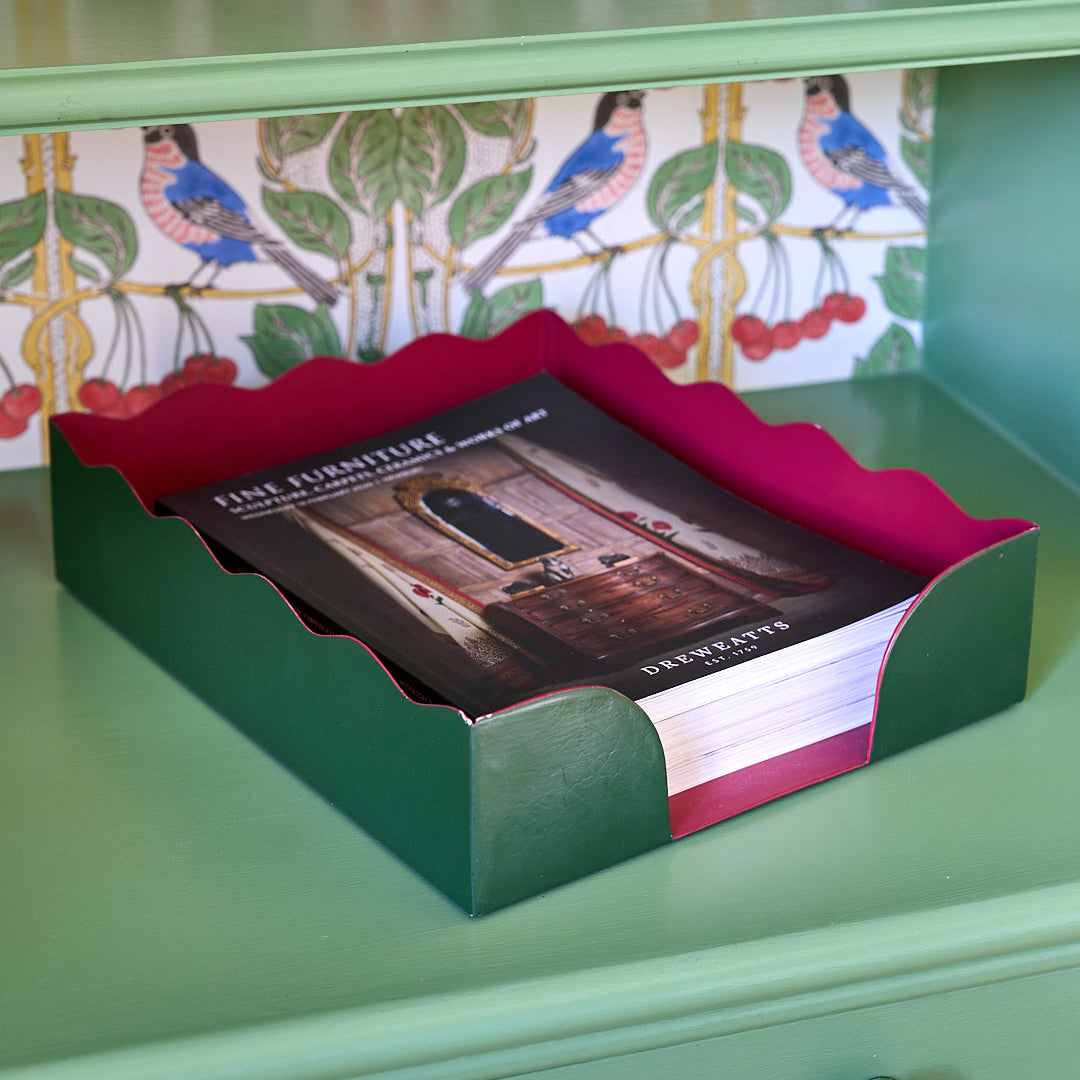 Toleware Paper Tray - Dark Green and Raspberry