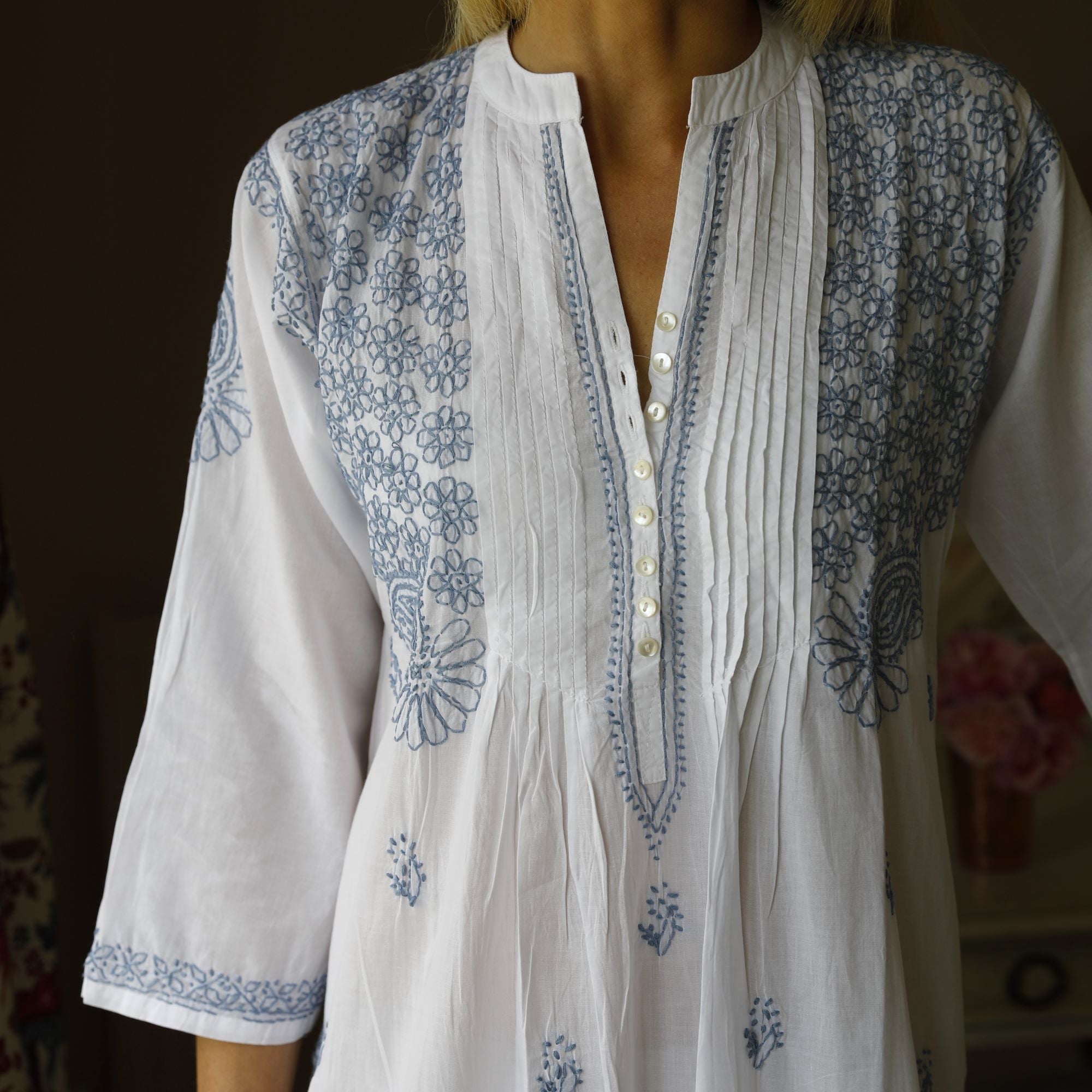 Long Sleeved Cotton Nightie - Blue Hand Embroidery