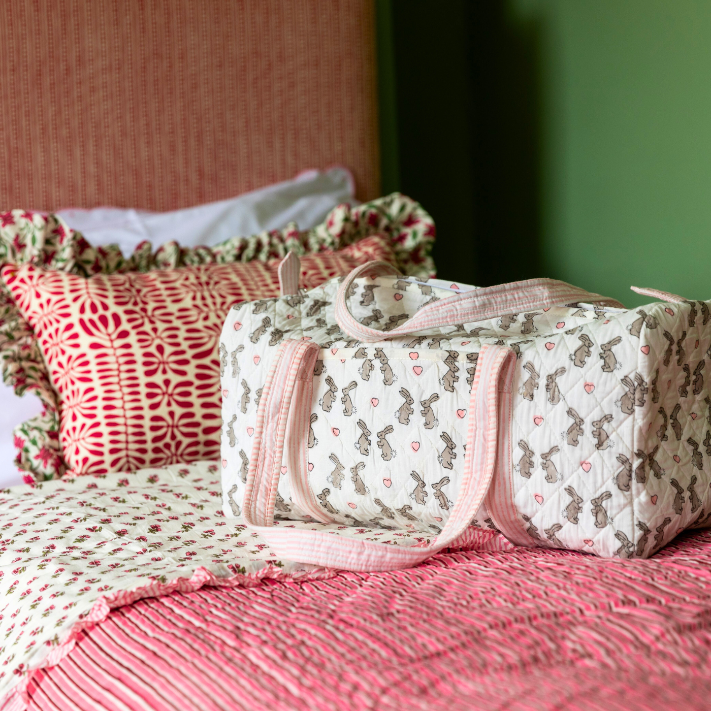Pink bunny blockprinted weekend bag