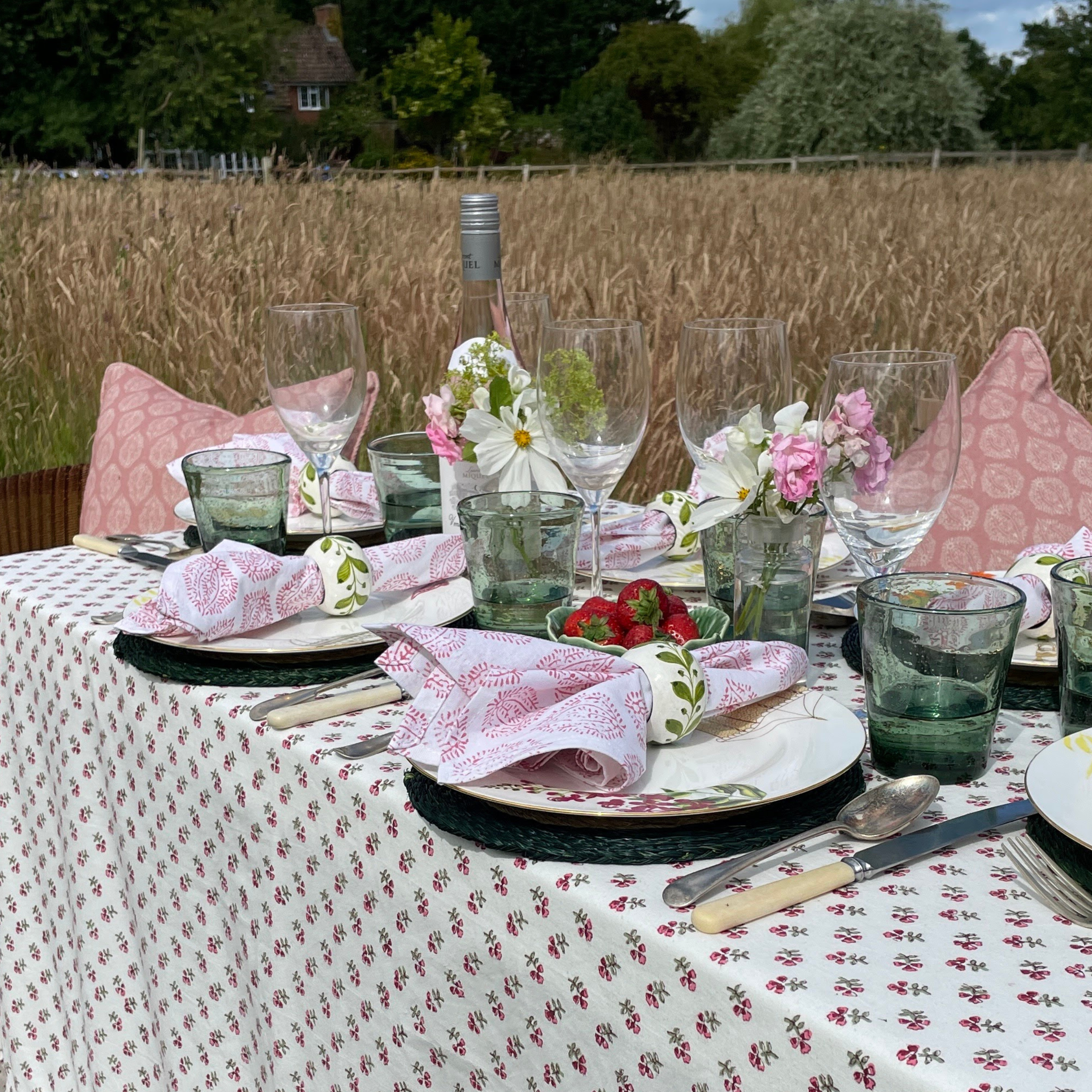Pink Floral Blockprinted tablecloth
