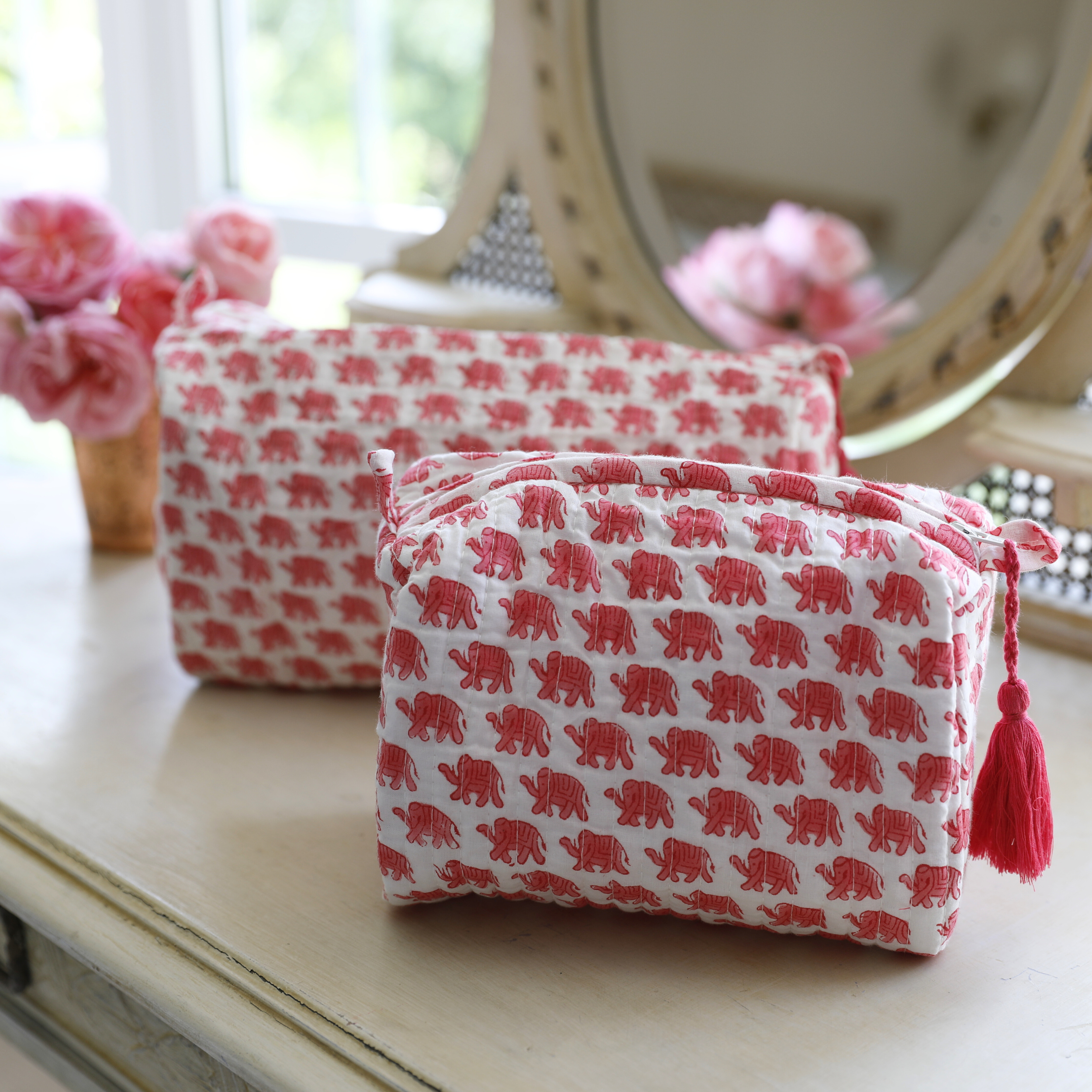 Pink Elephant Block Printed Was Bag with Tassel