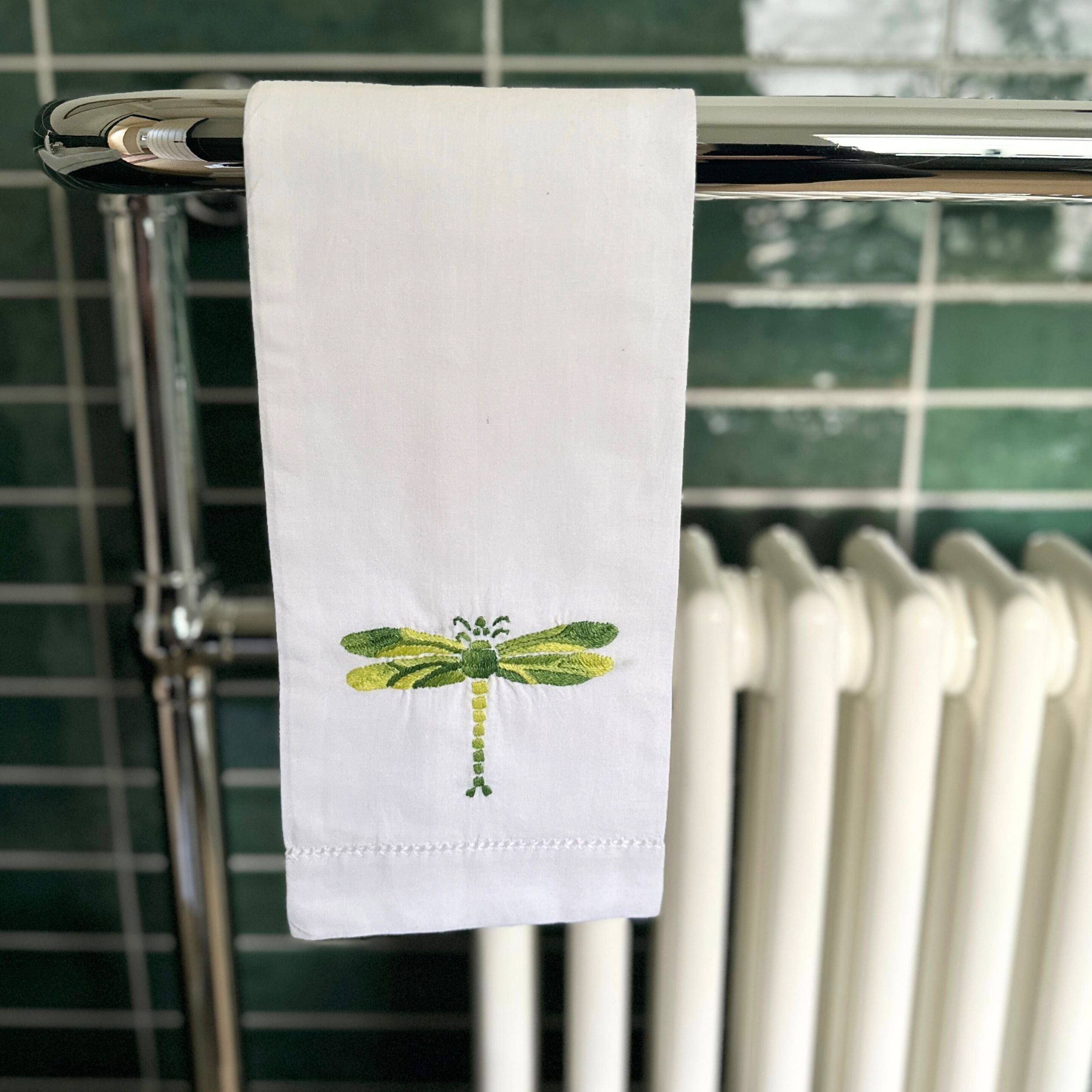 Shaded Green Dragonfly Hand Embroidered Hand Towel