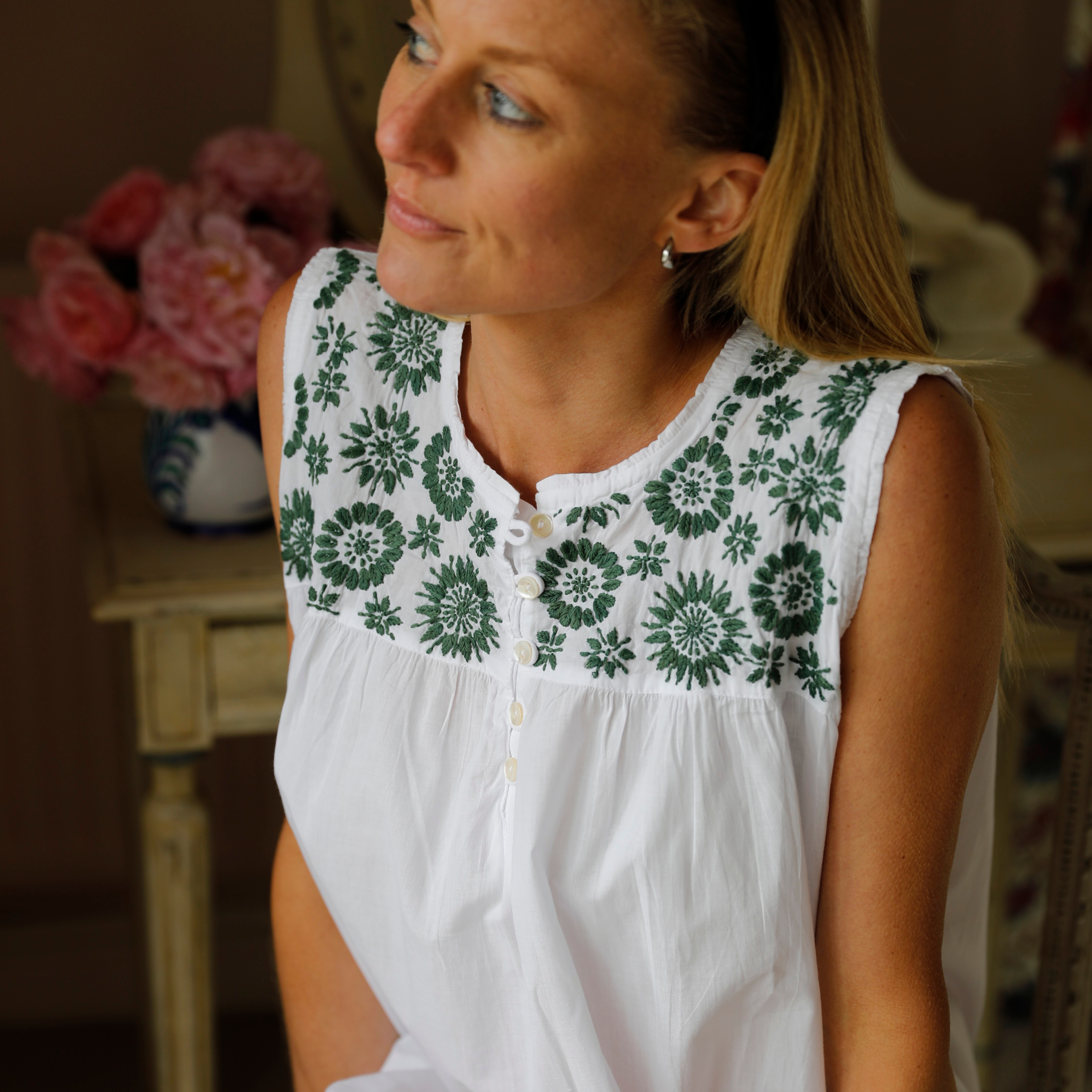 Sleeveless Cotton Nightie - Moss Green Hand Embroidery