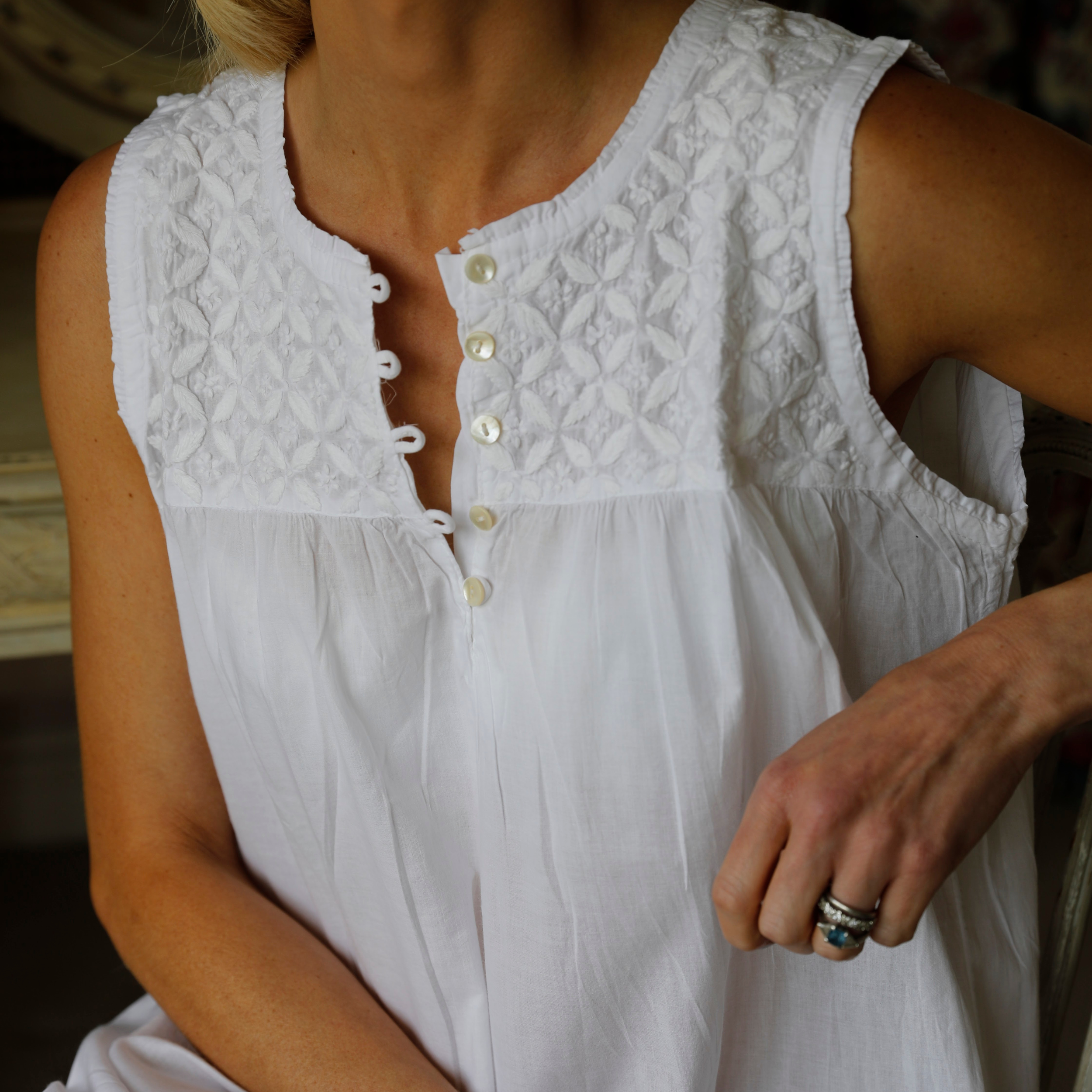 Sleeveless Cotton Nightie - White Hand Embroidery