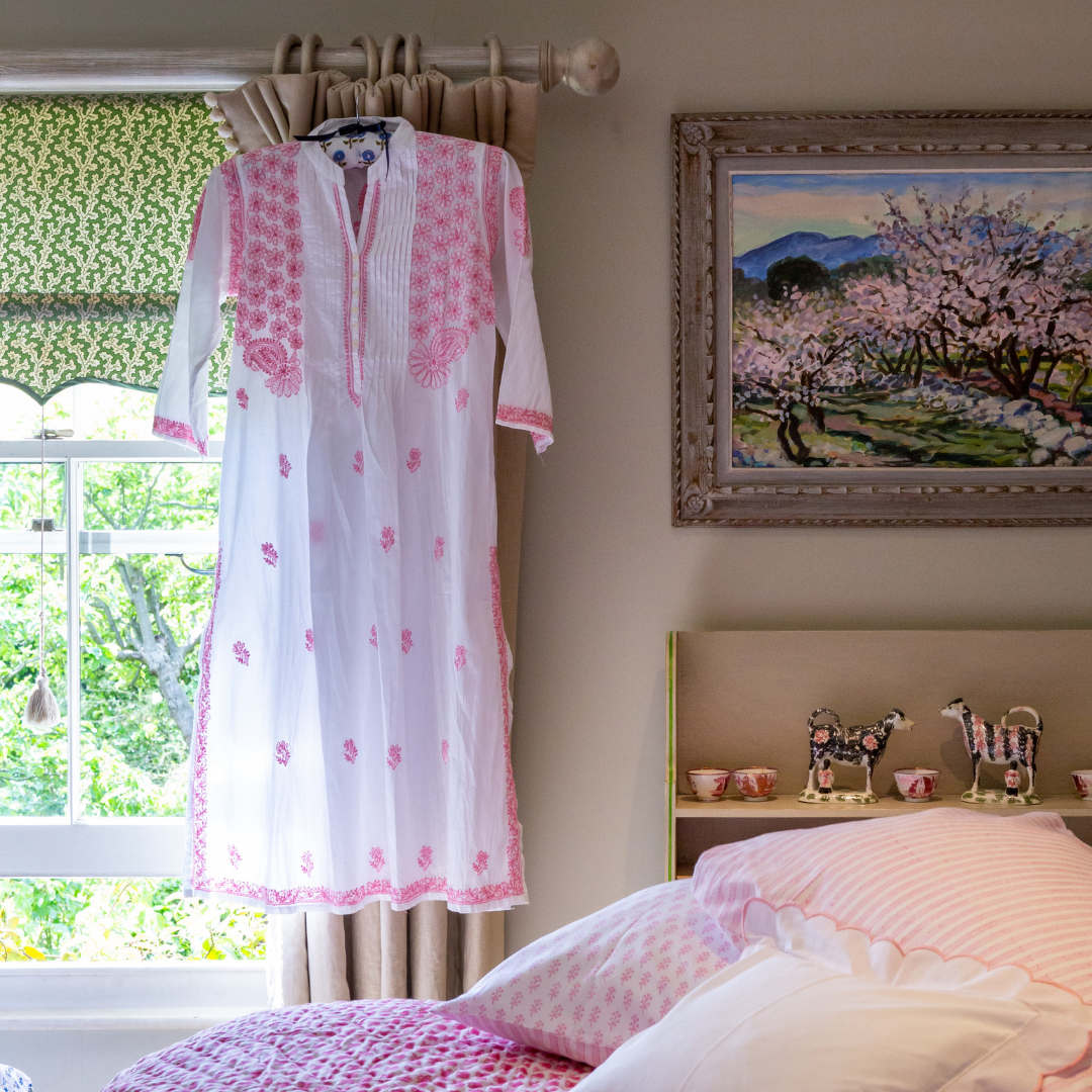 Long Sleeved Kaftan Nightie - Pink Embroidery