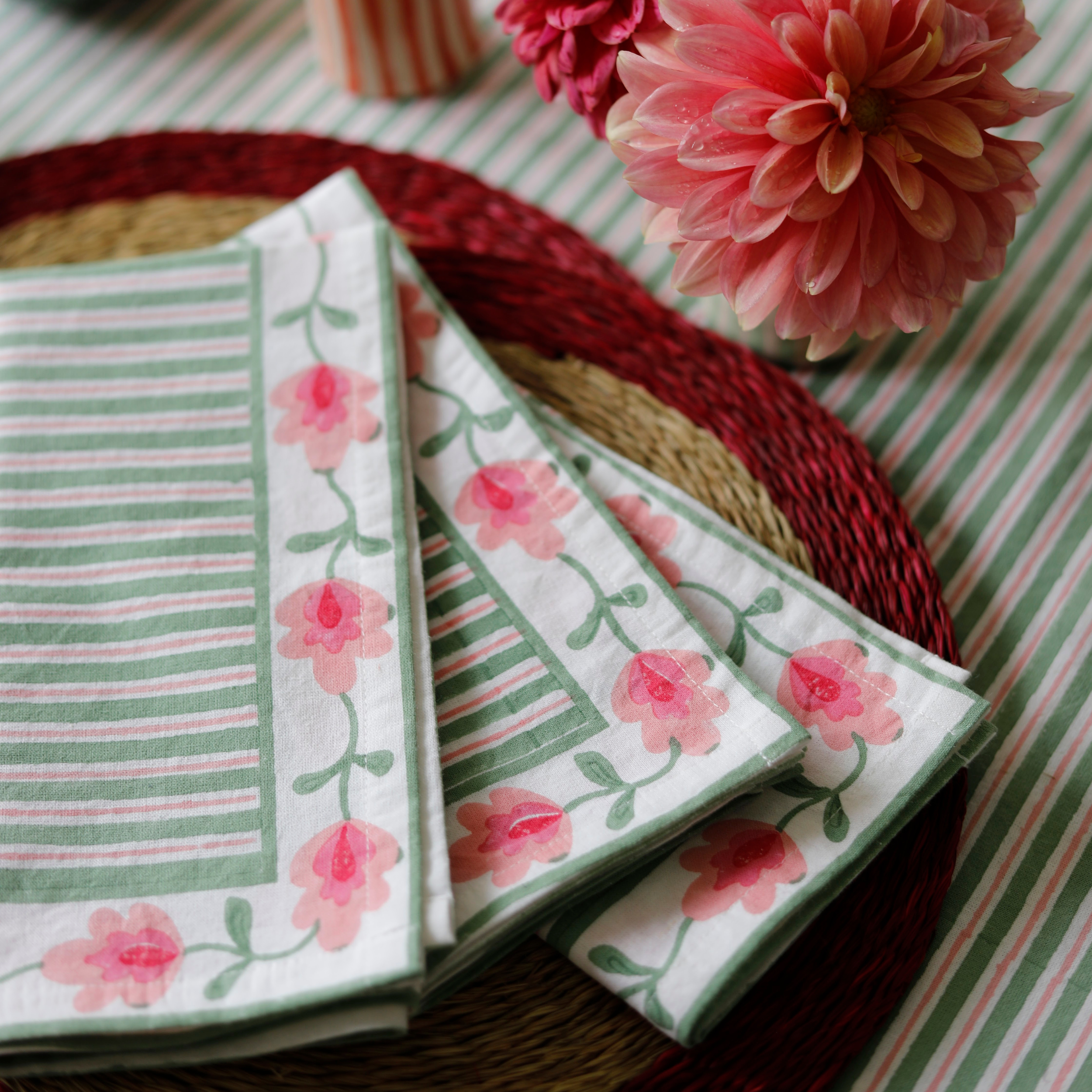 Pink and Green stripe cotton block printed napkin