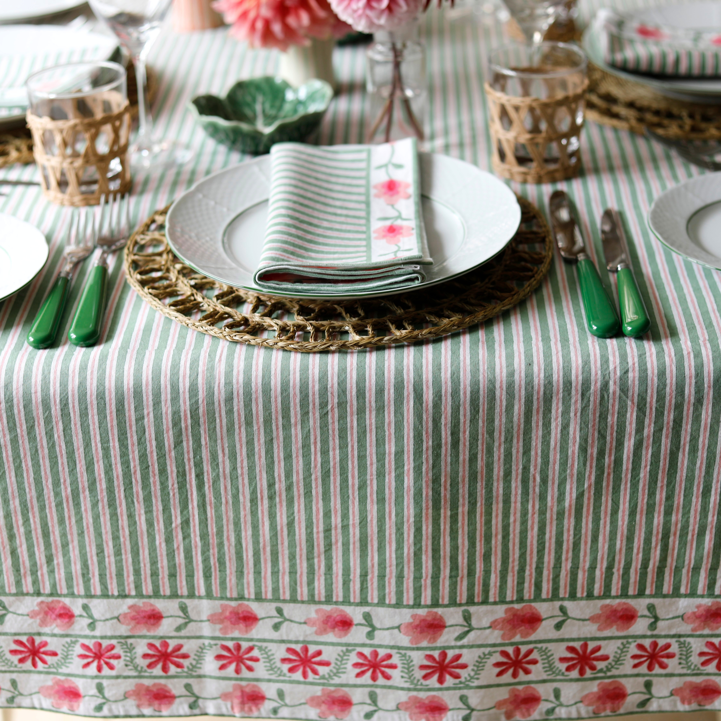 Green and Pink Stripe and Floral hand block printed tablecloth